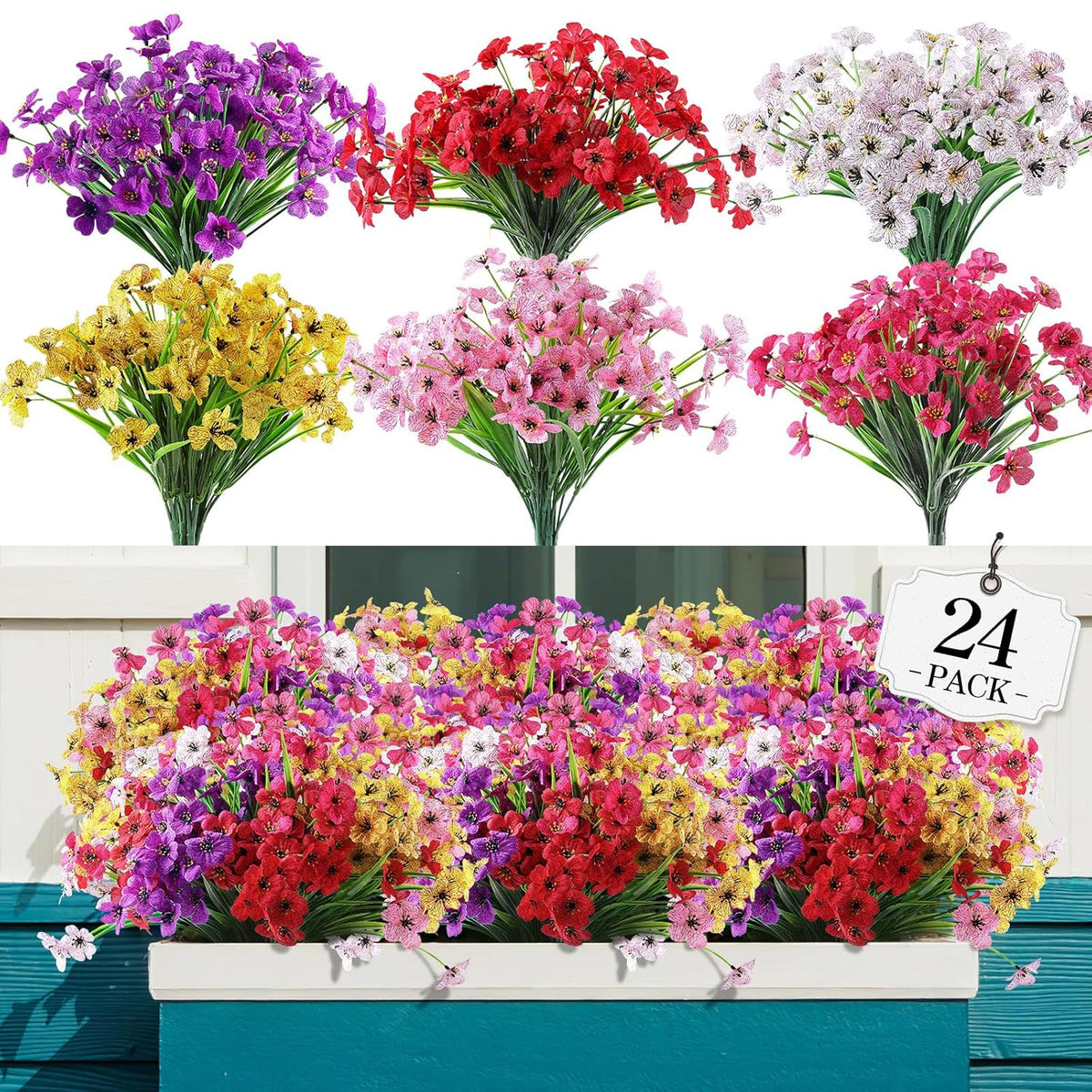 24 Bundles Artificial Flowers For Outdoor,No Fade Fake Plastic Flowers Faux Plants For Decoration Hanging Planters Indoor Outside Garden Porch Window Box Home Wedding Farmhouse