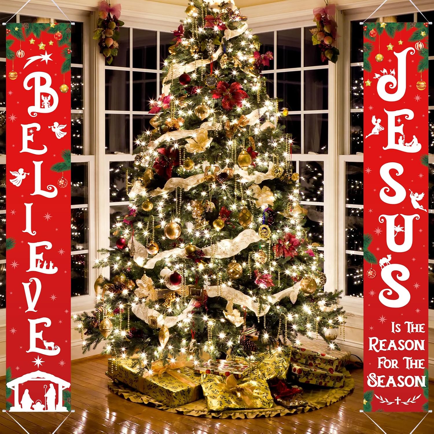 Christmas Front Porch Banners Religious Nativity Scene Sign New Year Hanging Banner Believe Jesus Is The Reason For The Season Xmas Decor For Front Door Winter Holiday Wall Decor, 12 X 71 Inch