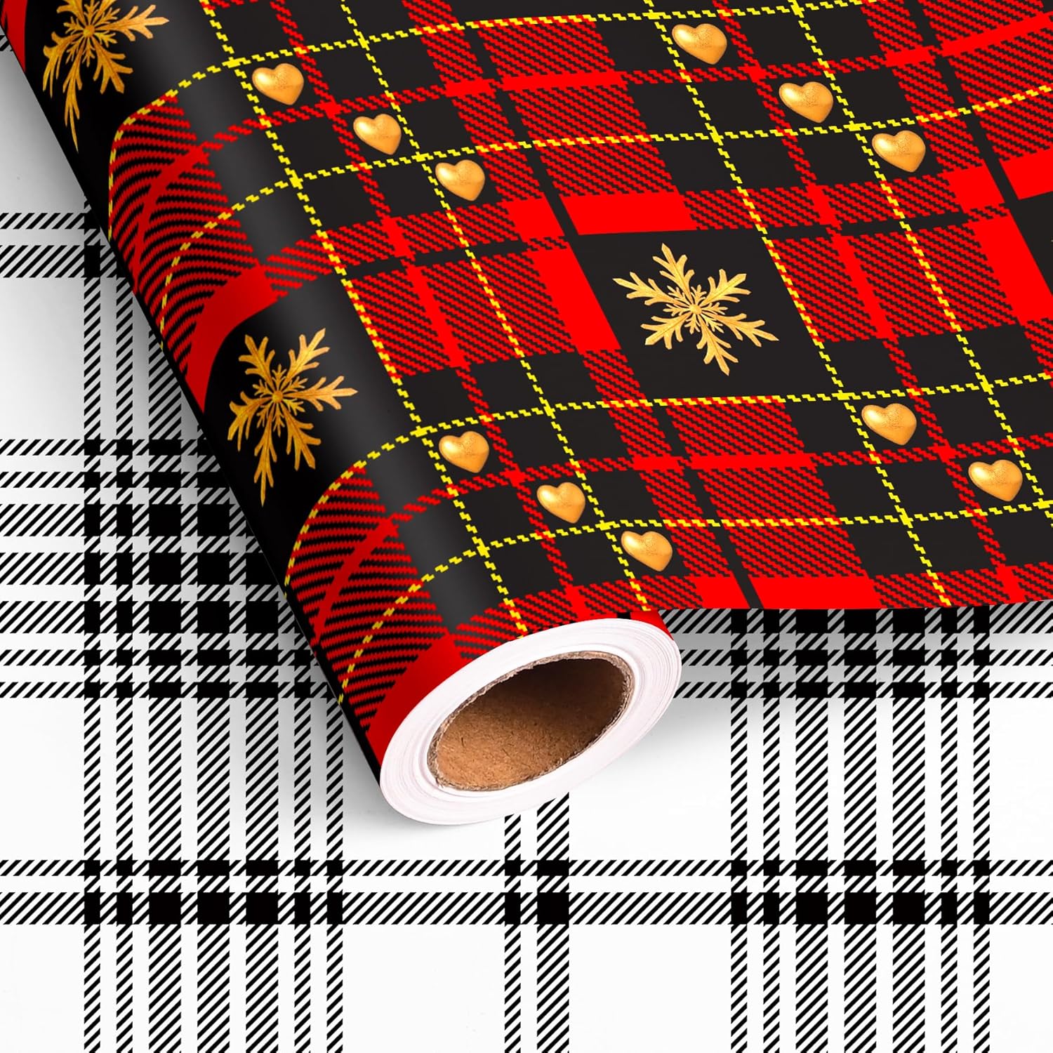 Reversible Holiday Plaid Christmas Wrapping Paper Roll Vintage Red Black Toile Buffalo Plaid Design Gift Wrap Sheets For Christmas Winter Party Celebration - Total 28.5Sq.Ft