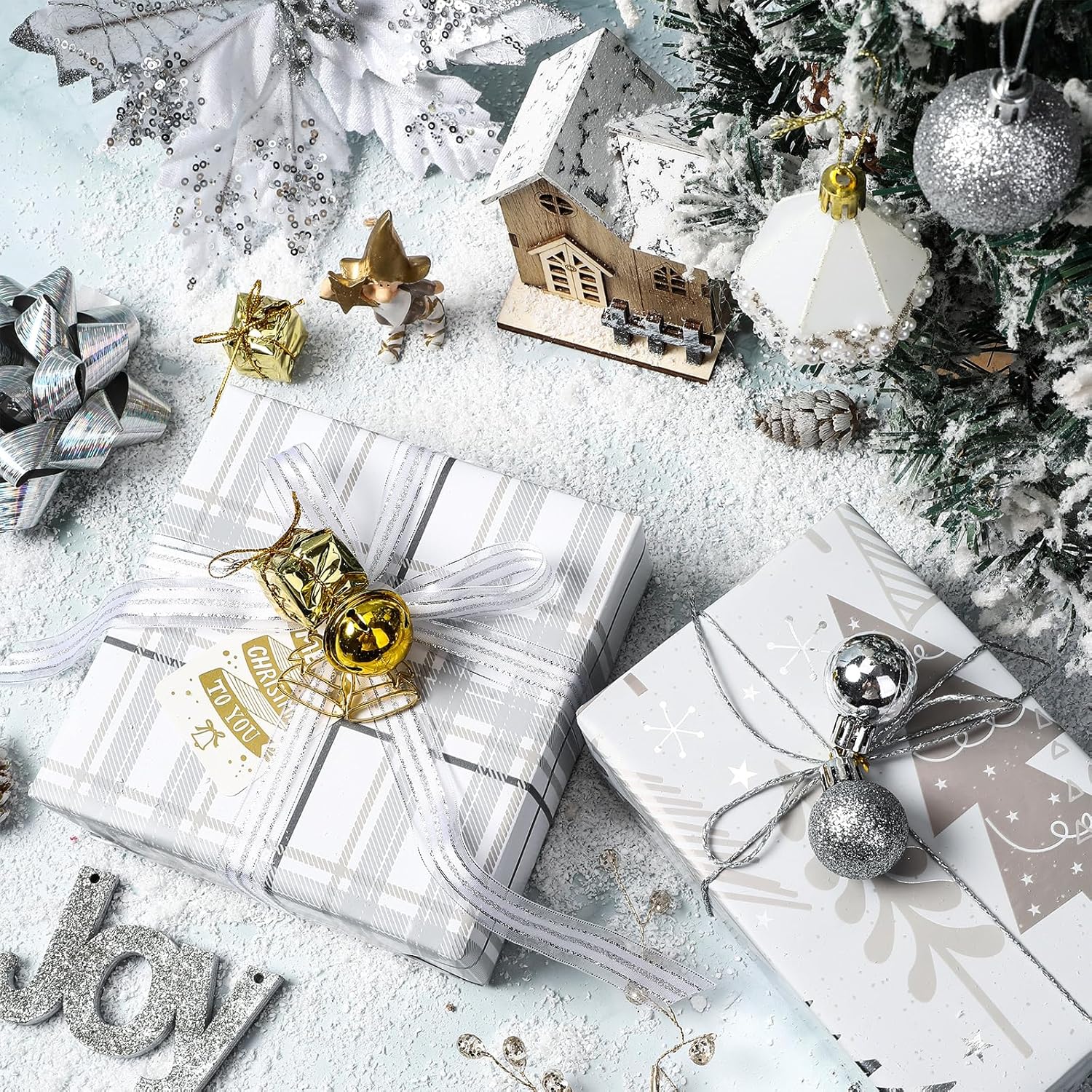 Christmas Silver Woodland Wrapping Paper Jumbo Roll, Christmas Tree Snowflakes Modern Plaid Grid Silver Foil Reversible Design For Festive Winter Holiday, Family Gathering,24 Inches X 100 Feet