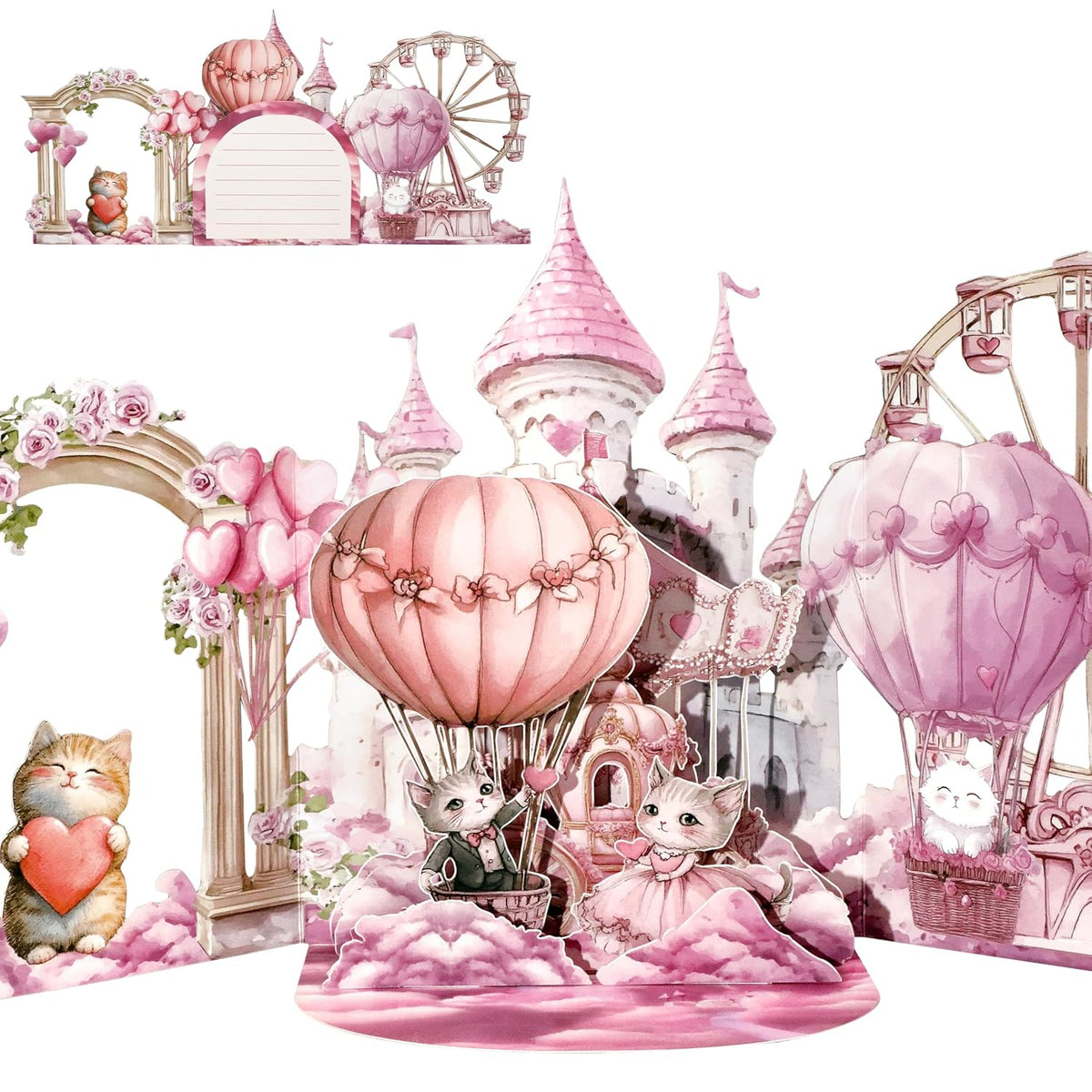 Pink Couple Cats Pop Up Card - 3D Castle Cute Funny Valentine’S Day Card For Her, Romantic Lovely Cat Gift For Kids Girls Girlfriend Wife In Anniversary Birthday Wedding All Occasion