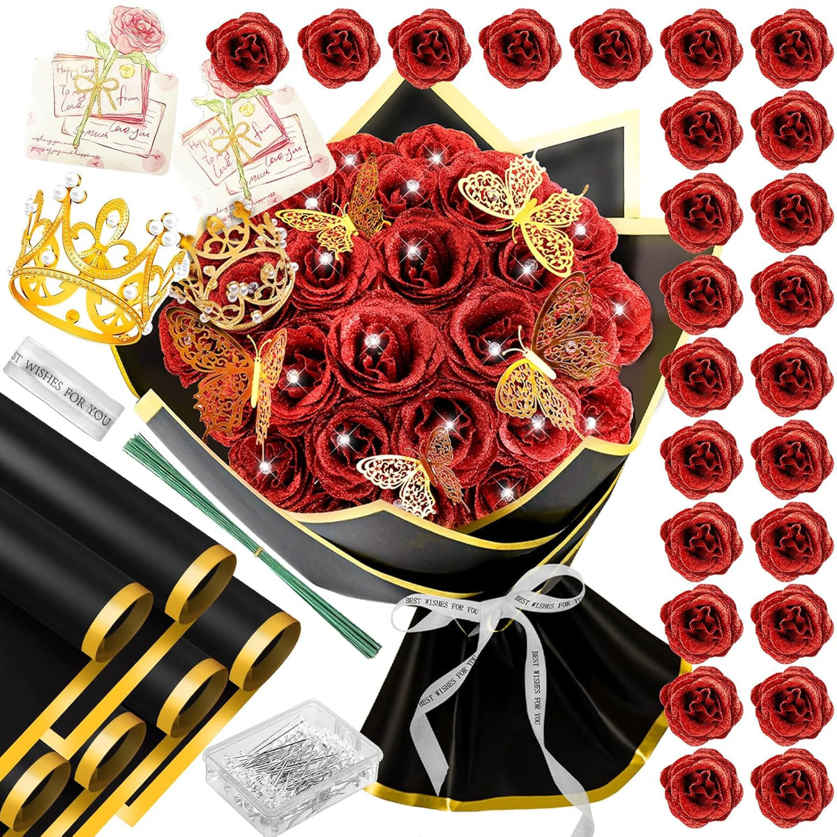 28 Red Glitter Roses Bouquet - Artificial Flowers Bouquet With Diomand Pins,Red Roses Diy Fake Flower Bouquet Kit - Sparkling Flower Arrangement For Valentine’S Day,Anniversary,Weddings Engagement