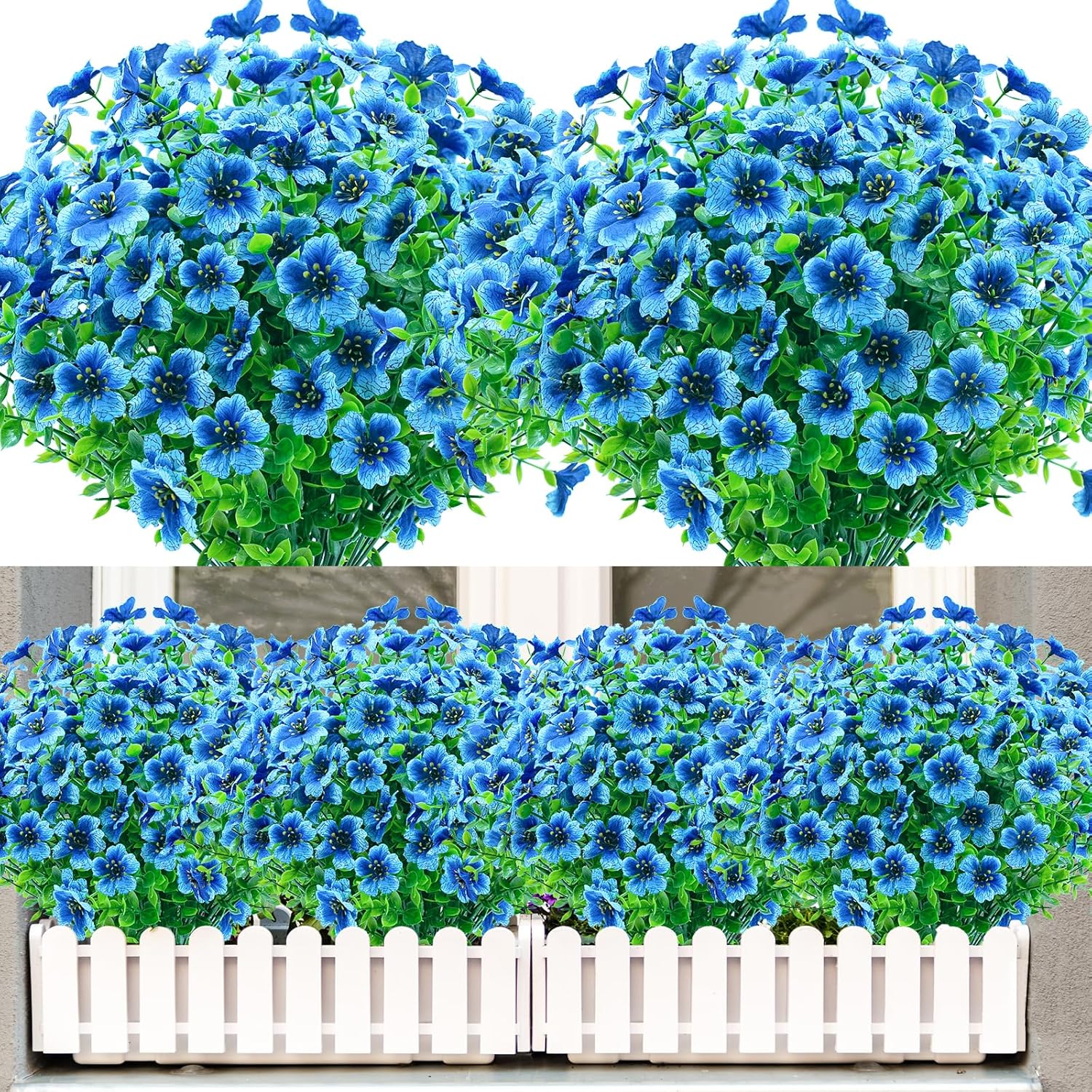 Artificial Flowers For Outdoors,8 Bundles Uv Resistant Fake Outside Flowers Plastic Plants Outdoor Faux Flower For Garden Porch Window Box Home Decor(Blue)