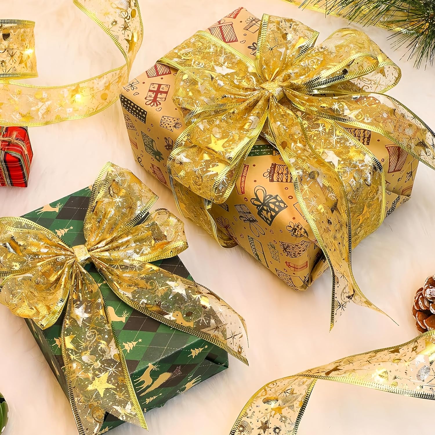 2 Pack Gold Christmas Tree Decorations Christmas Wire Ribbon, Christmas Ribbon Bows String Lights Gold For Party Wedding