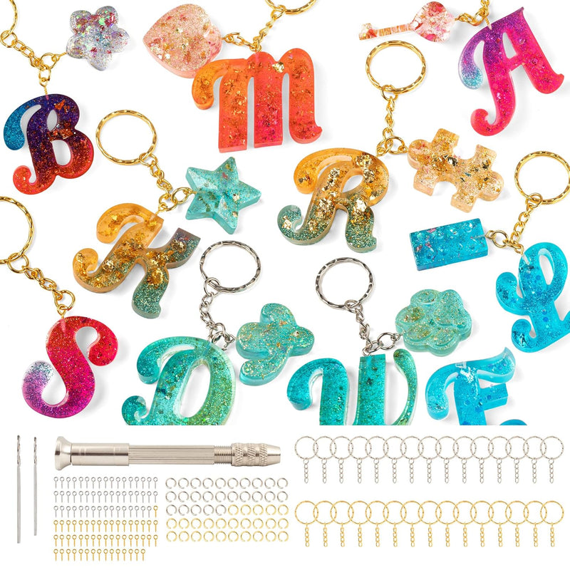 182Pcs Fancy Alphabet Resin Molds Silicone Kit, Reversed Letter Keychain Epoxy Resin Casting Molds, Resin Key Chain Making Set With 1 Hand Drill 2 Drill Bits 30 Key Rings 100 Screw Pins