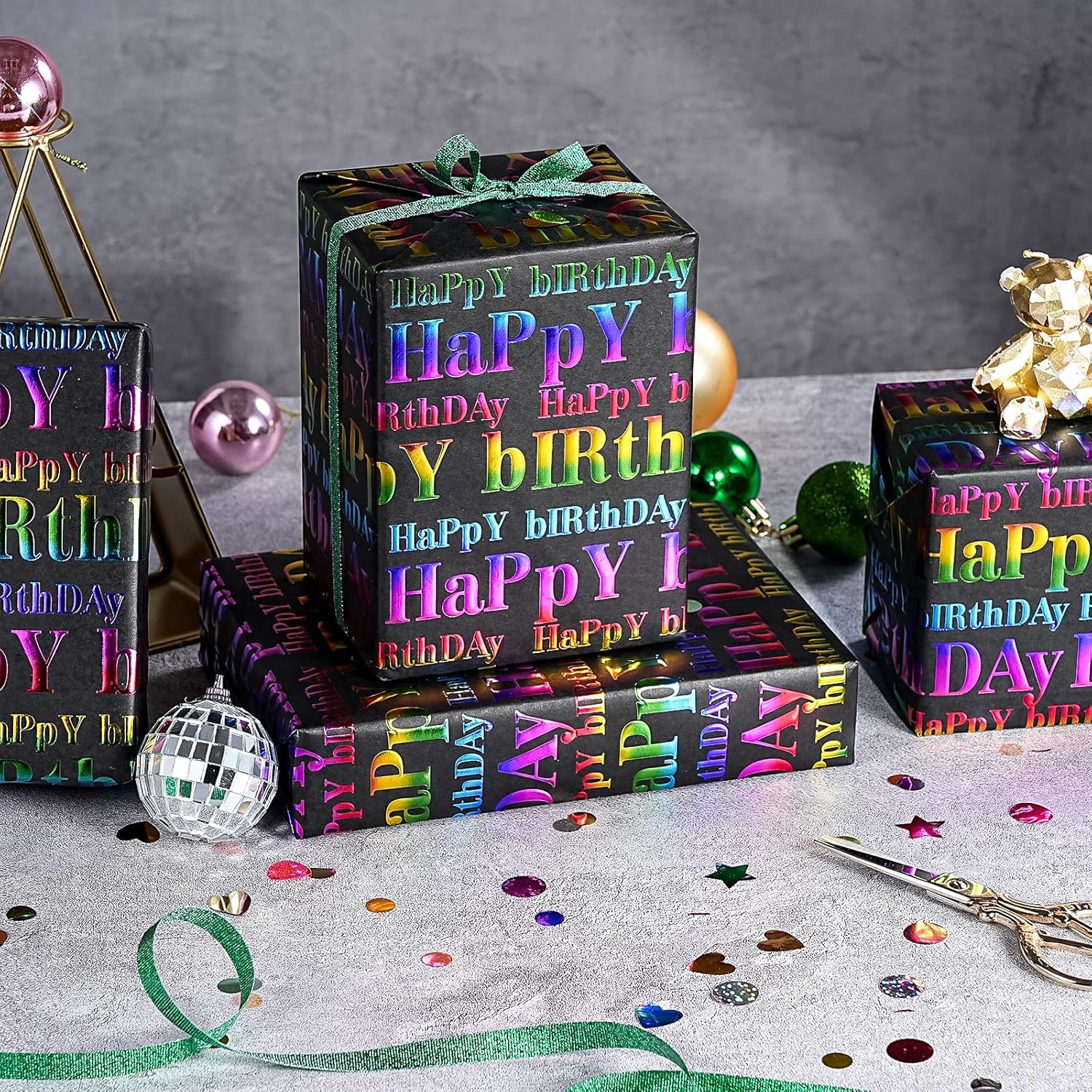 3D Kraft Birthday Wrapping Paper Roll - Mini Roll - 17 Inch X 16.5 Feet - Black And Colorful Foil Happy Birthday Wrapping Paper With Embossed For Kids Boy Girls, Baby Shower