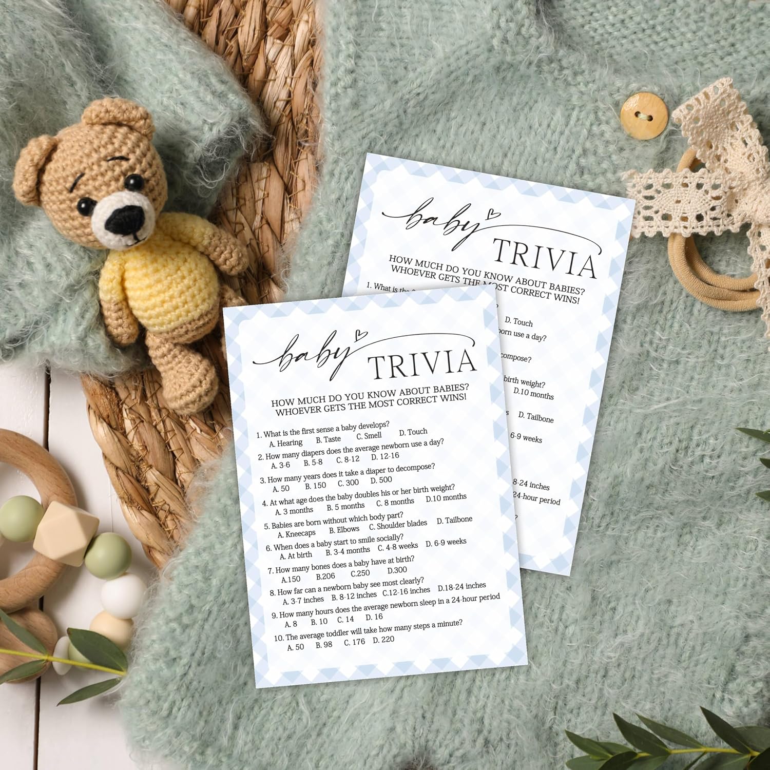 Baby Trivia Baby Shower Game Cards, Fun Games For Boy Or Girl, Gender Neutral Modern Minimal Design, Party Activities, 30 Game Cards + 1 Answer Card 5X7 Inches (Blue) - A07