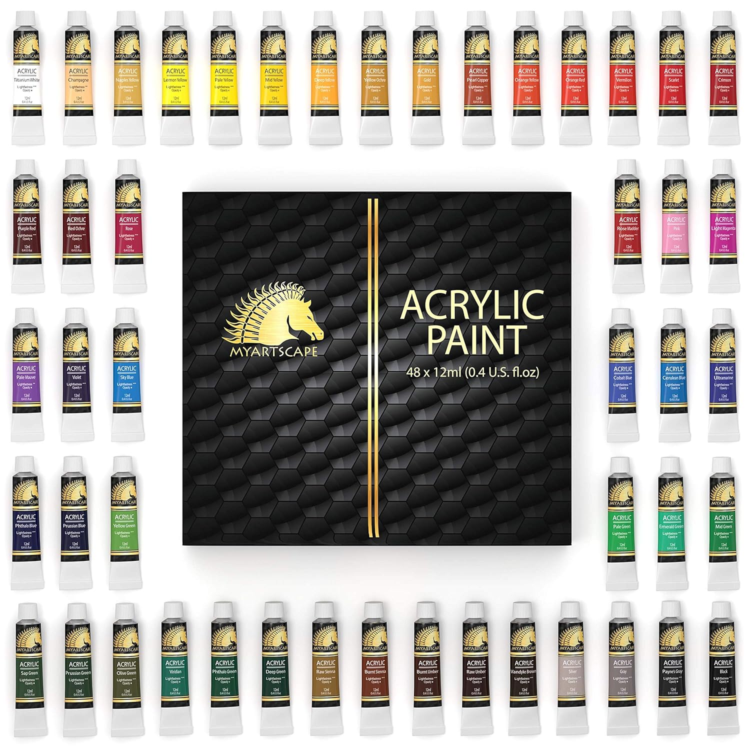 Acrylic Paint Set - 48 X 12Ml Tubes - Lightfast - Heavy Body - Non Fading - Vibrant Colors - Artist Quality Painting Supplies - Professional Grade Paints