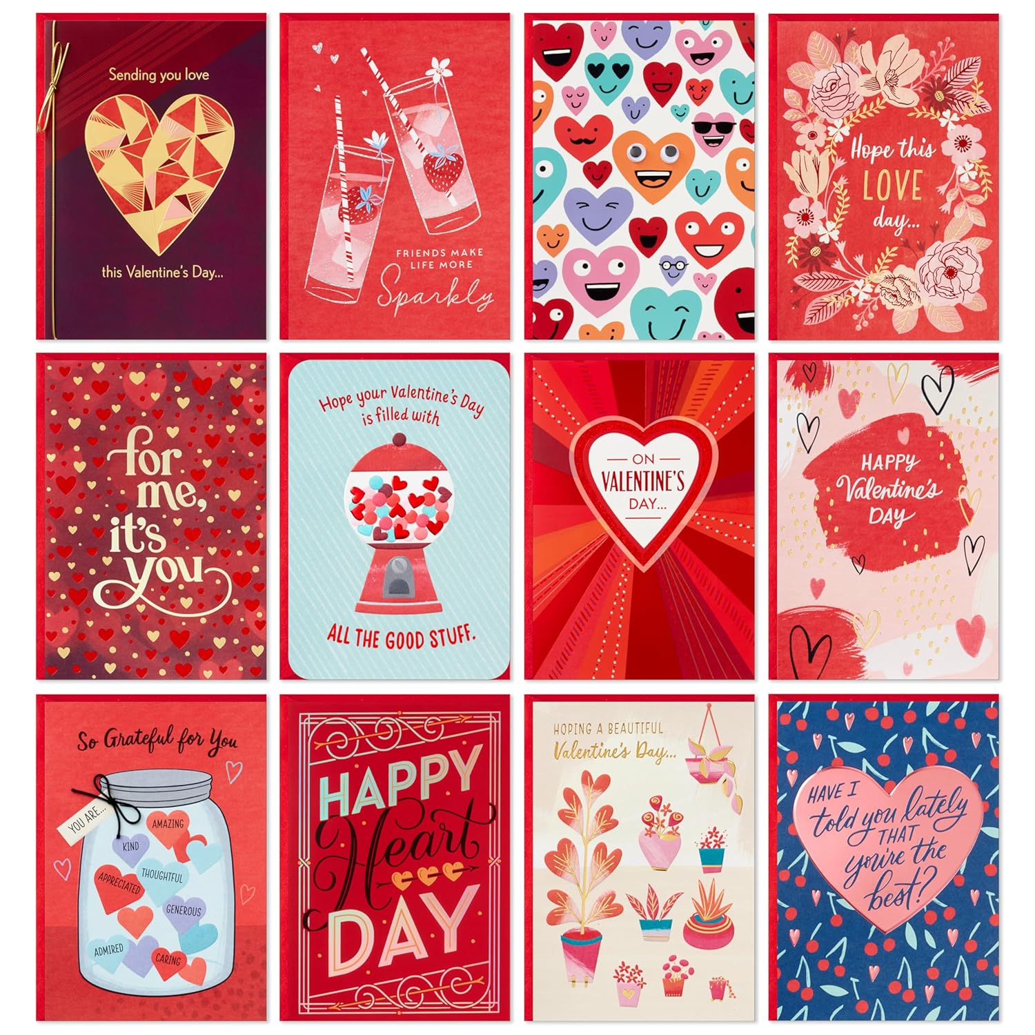 Hallmark Valentine's Day Cards (12 Unique Designs with Envelopes) for Kids, Romantic Partner, Friends, Family, Caregiver