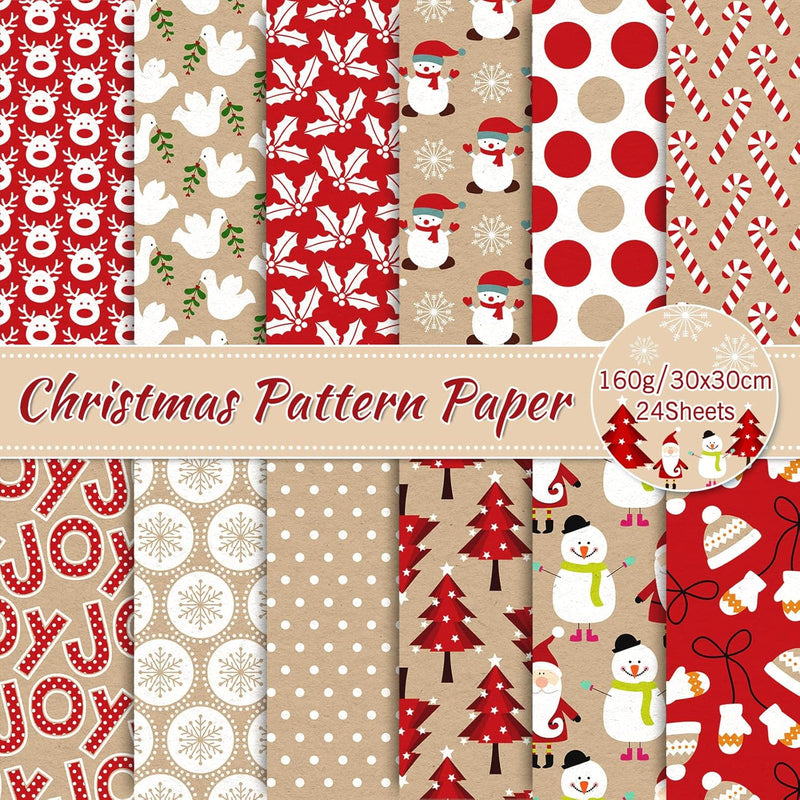 24 Pack Christmas Pattern Paper 30X30Cm Kraft Red Scrapbook Paper Double-Sided