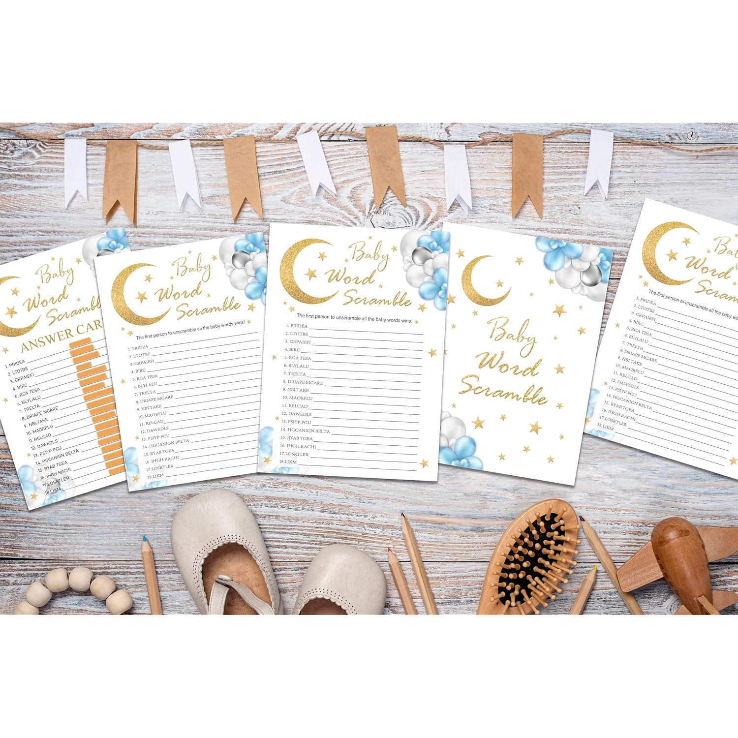 Baby Word Scramble Game Cards, Moon And Stars Baby Shower Games, 25 Cards & 1 Answer Key