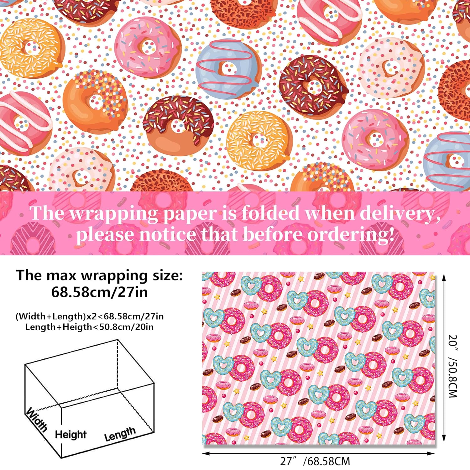 12 Pcs Gift Wrapping Paper, Donut Cartoon Theme Design Wrapping Paper For Children'S Birthday, Holiday Party, Baby Shower Gifts Packing Supplies(27 X 20 Inches Each)