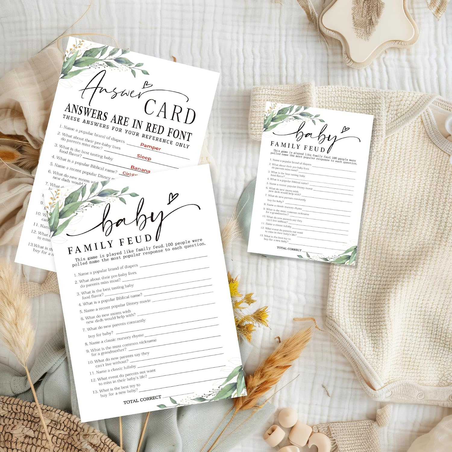 Baby Family Feud Baby Shower Game, 30 Greenery And White Game Cards For Girl Boy With 1 Answer Card, Gender Reveal Games, Baby Announcement,Party Favor & Supplies-B12