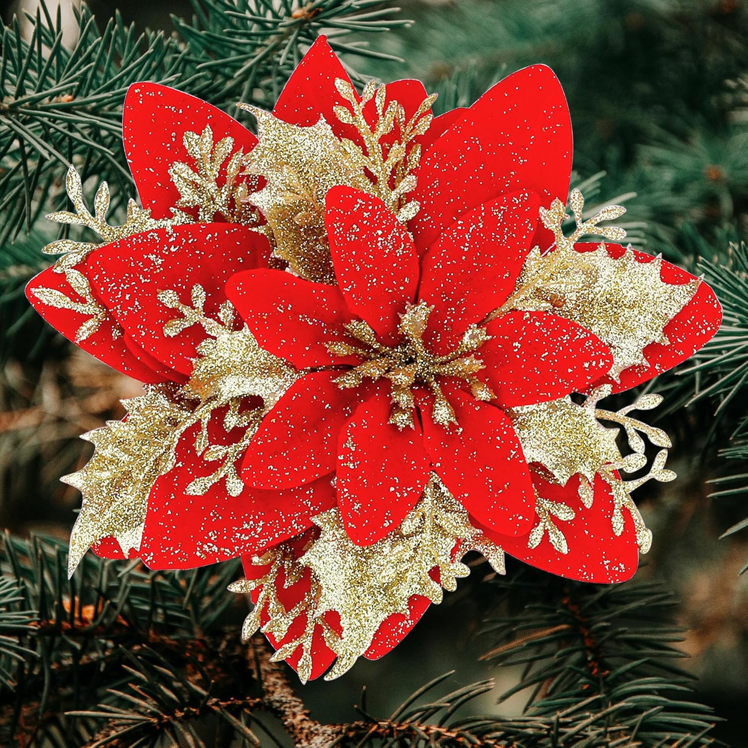 24 Pcs Red Gold Poinsettia Artificial Christmas Flowers 5.5" Glitter Poinsettias Christmas Decorations Tree Flower With Stems & Clips For Wreath Xmas Tree New Year Party Ornament Wedding