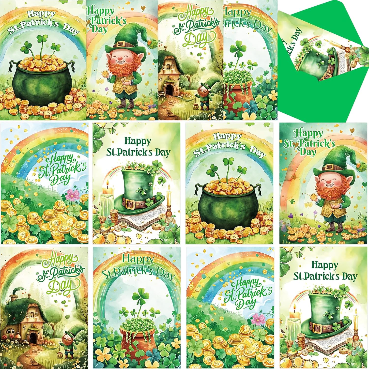 St. Patrick’S Day Cards Green Irish Shamrock Greeting Card Rainbow Leprechaun Gold Coin Notes Card For Holiday Supplies Party Favors 12Pcs