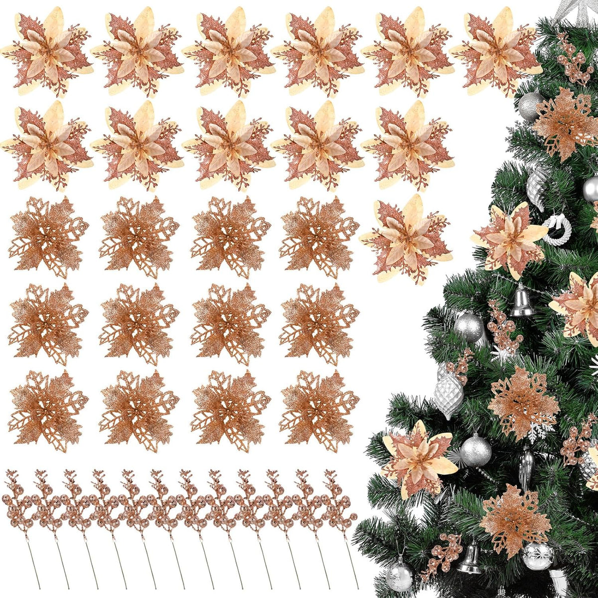 36 Pcs Champagne Poinsettias For Christmas Tree 2 Styles 5.5 4.5 Artificial Flower And 12 Berry Stem Glitter Flower Christmas Decoration Xmas Tree Ornament For Wreath Holiday