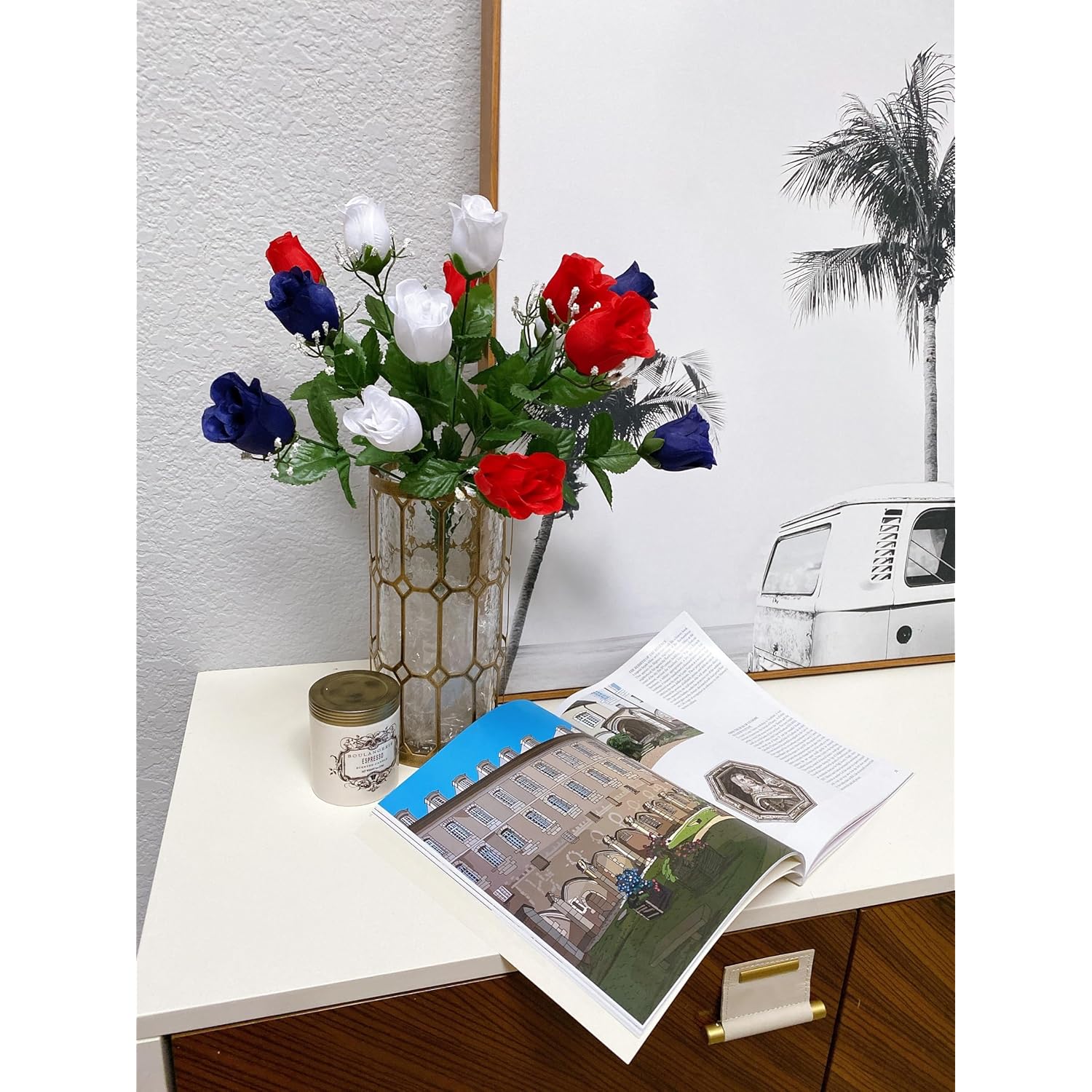 2Pcs 14 Stems Artificial Flower Rosebuds Patriotic Memorial Bouquet Cemetery Decorations For Grave, Spring Faux Flower Arrangement, Veterans, Independence Day, Red White Blue