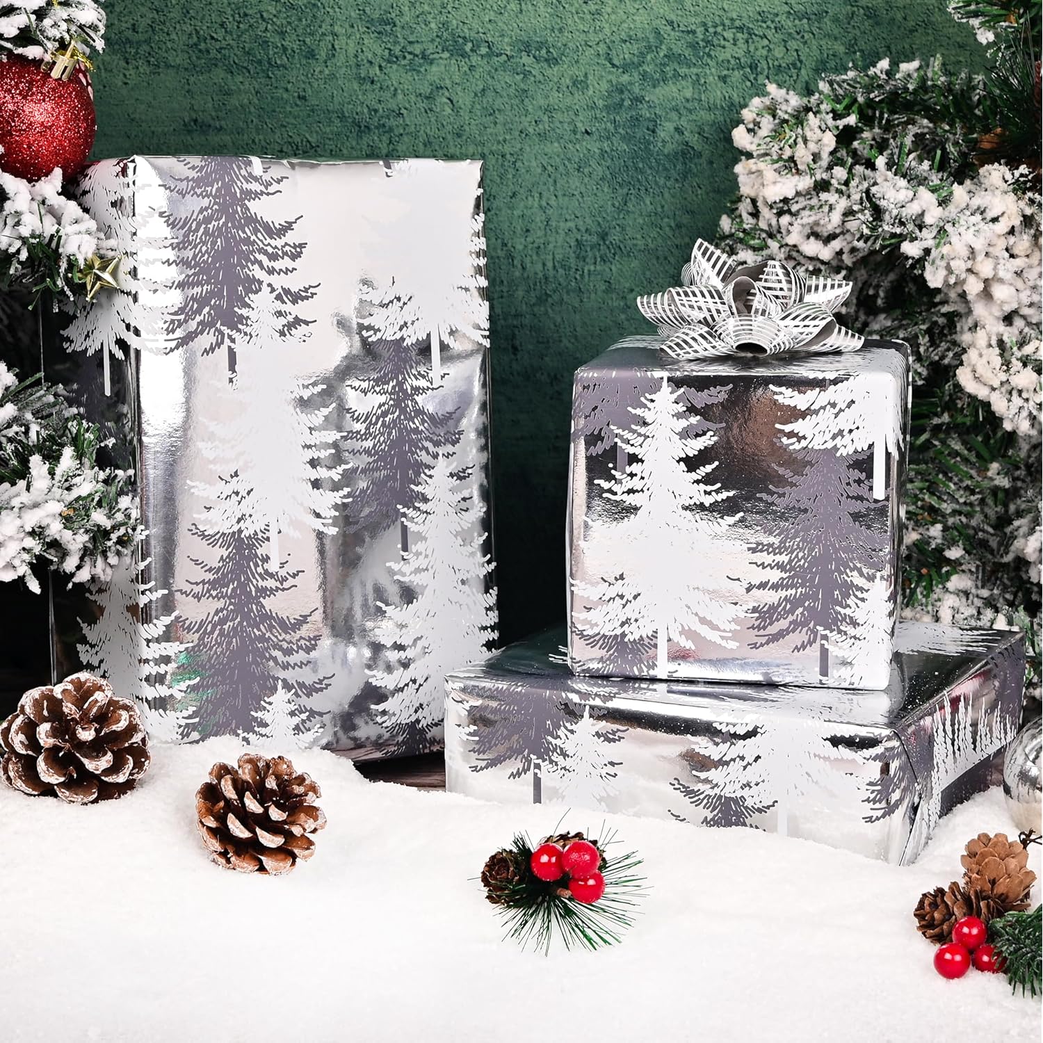 Reversible Wrapping Paper Roll - Silver Metallic Foil Gift Wrap With Trees, Stripes Design For Holiday Winter (Sliver Christmas Tree, 17Inch X 16.5Feet)