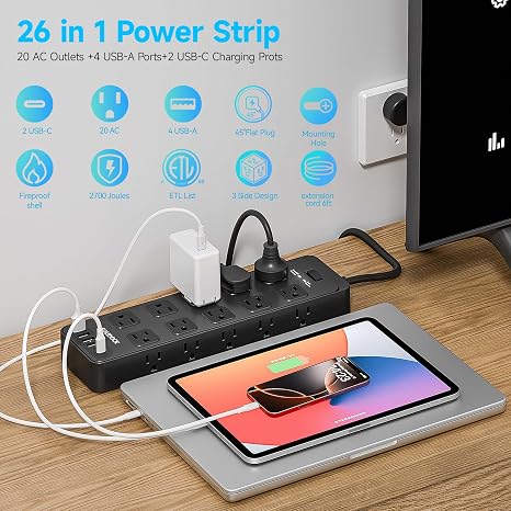 Heavy Duty Surge Protector Power Strip 20 Outlets USB Ports 6FT Extension Cord 15A