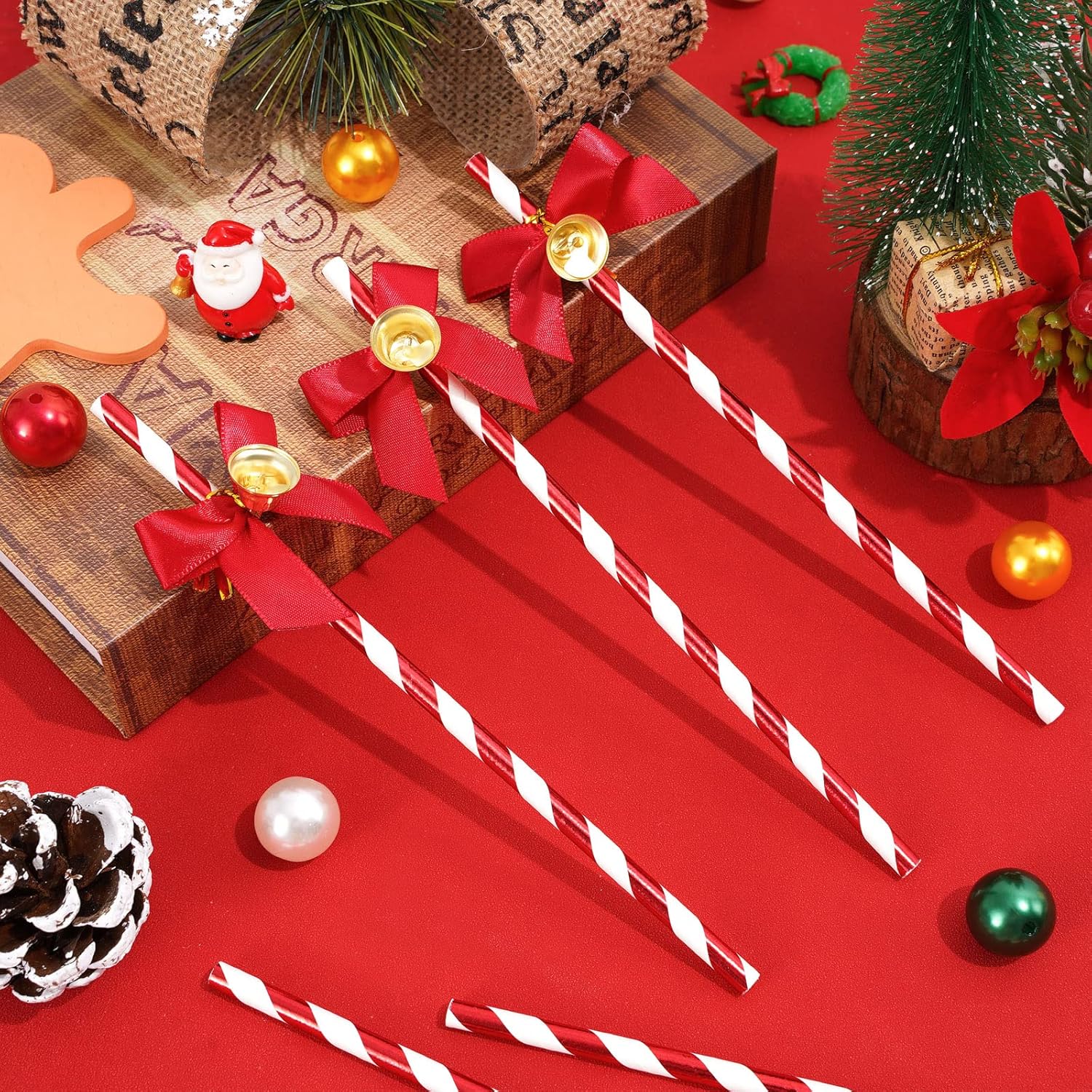 Christmas Paper Straws With Bell Foil Red White Stripe Disposable Paper Straws Merry Christmas Drinking Straws For Christmas Party Supplies Wedding Xmas Birthday Decoration, 50Pcs