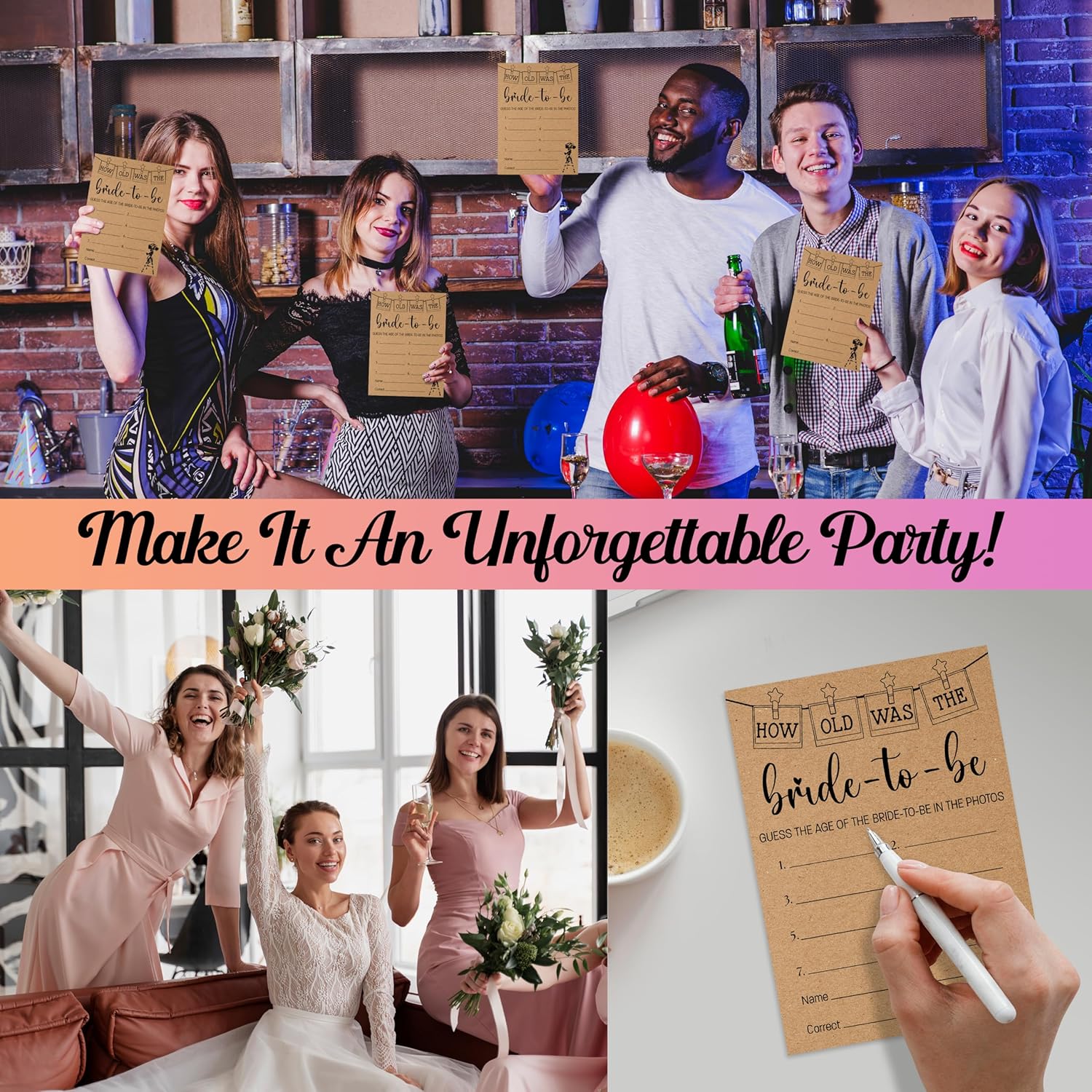 Bridal Shower Games, Minimalist Wedding Photo Games Card, Bridal Shower Bachelorette Engagement Party Ideas Supplies Decorations, How Old Was The Bride-To-Be Game Cards For Guest, 30 Pack -06
