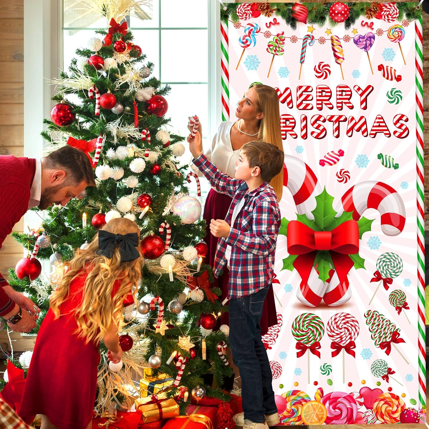 Merry Christmas Peppermint Candy Cane Themed Lollipop Door Hanging Banner For Xmas Party Indoor/Outdoor Wall Decor