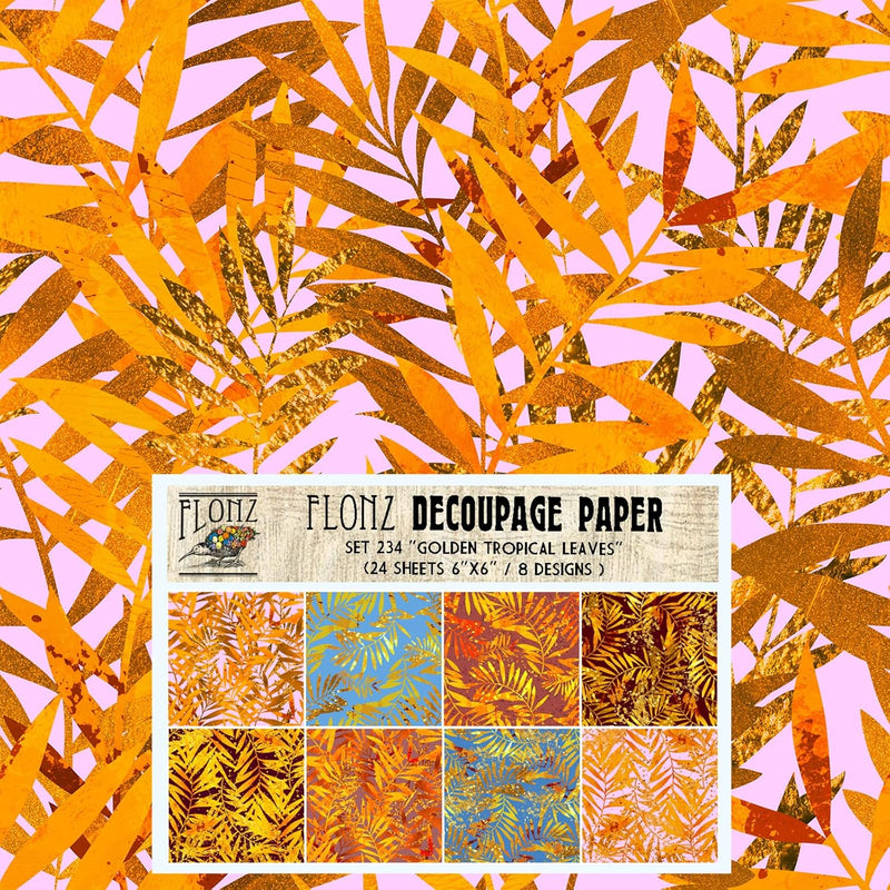 Decoupage Paper Pack (24 Sheets 6"X6") Golden Tropical Leaves # Vintage Styled