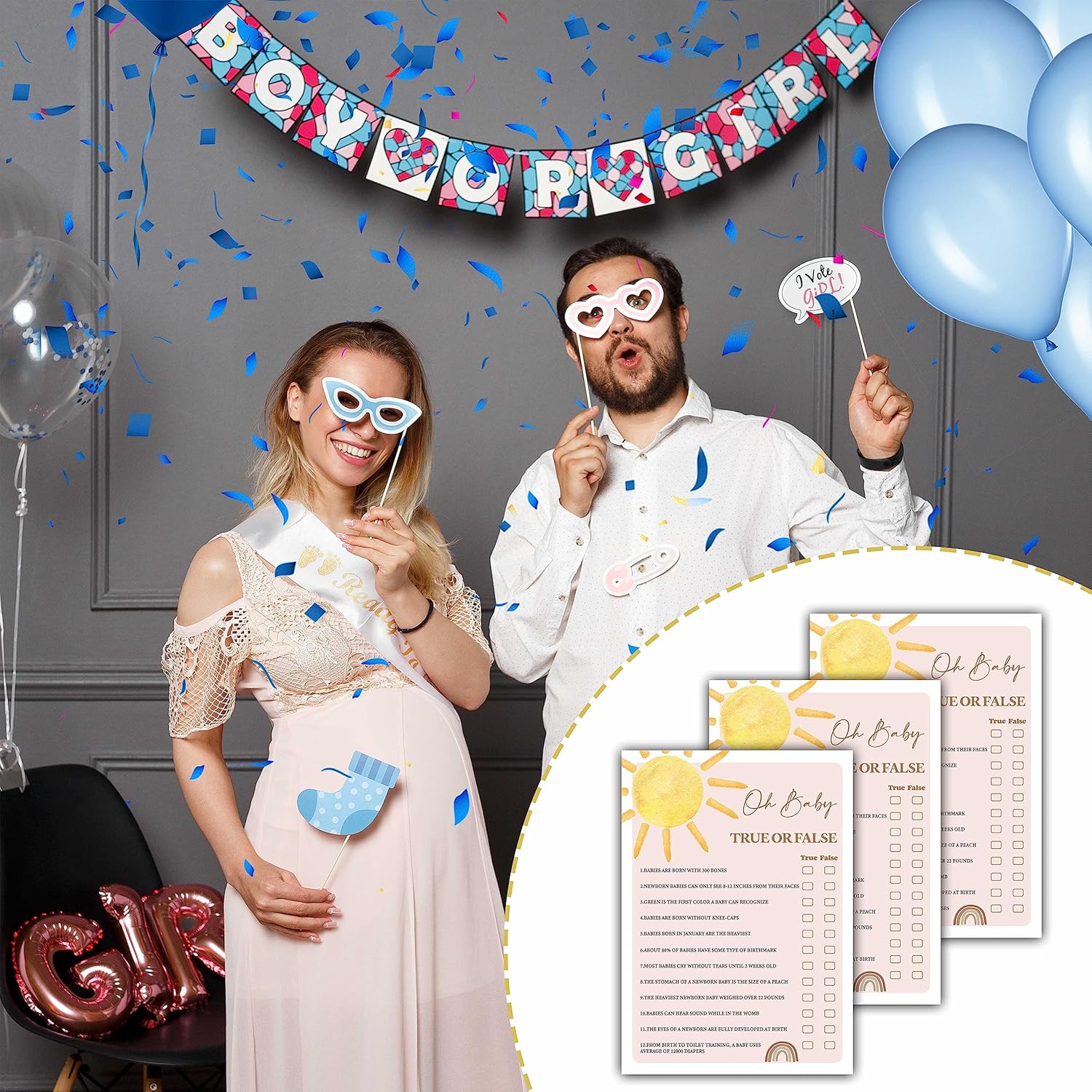 Boho Sunshine 30 Oh Baby True Or False Game Cards With 1 Answer Card, Gender Reveal Party Supplies Favors (5"X7") - D03