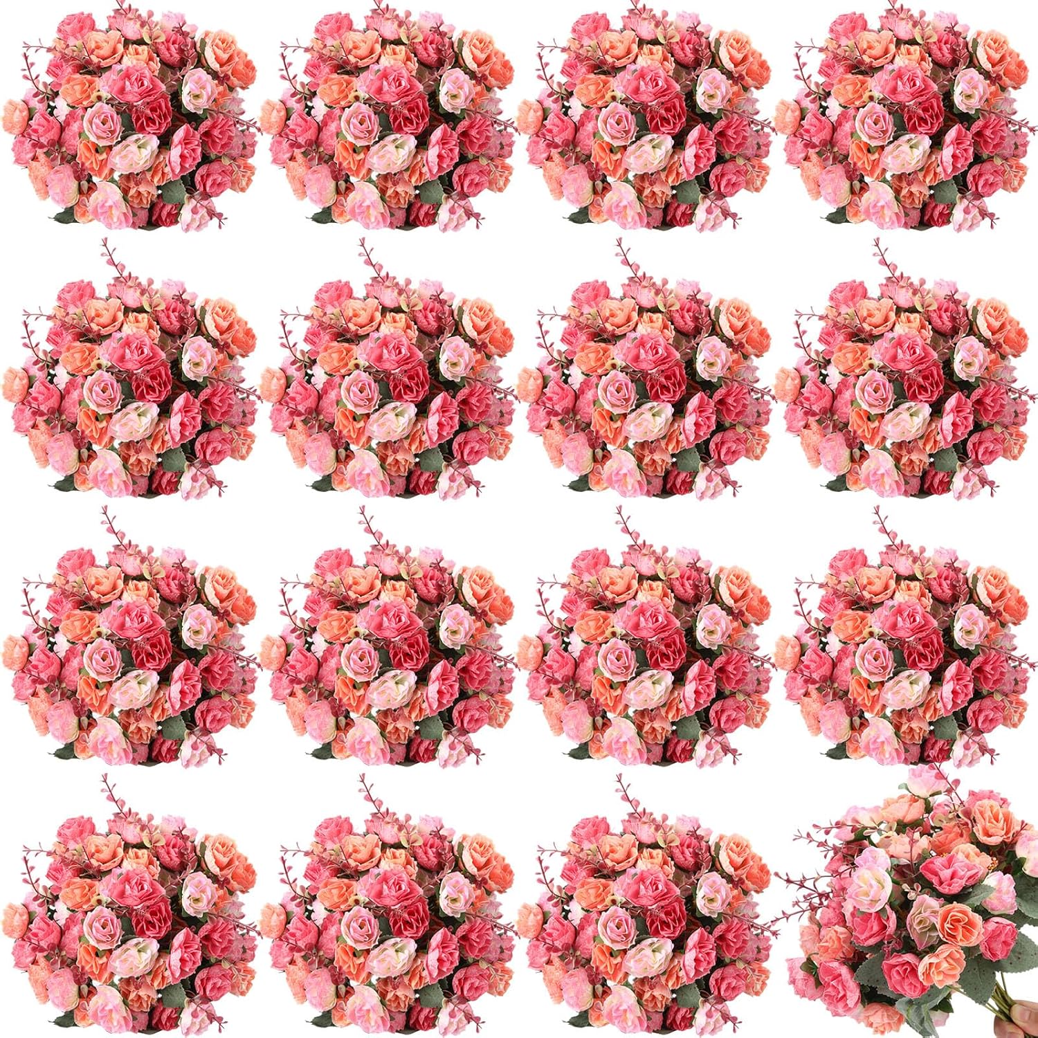 16 Pcs Rose Artificial Flowers Fake Flowers Bouquet 21 Heads Silk Faux Floral Bundles With Stem For Home Bridal Wedding Arrangements Table Centerpieces Party Decor (Pink)