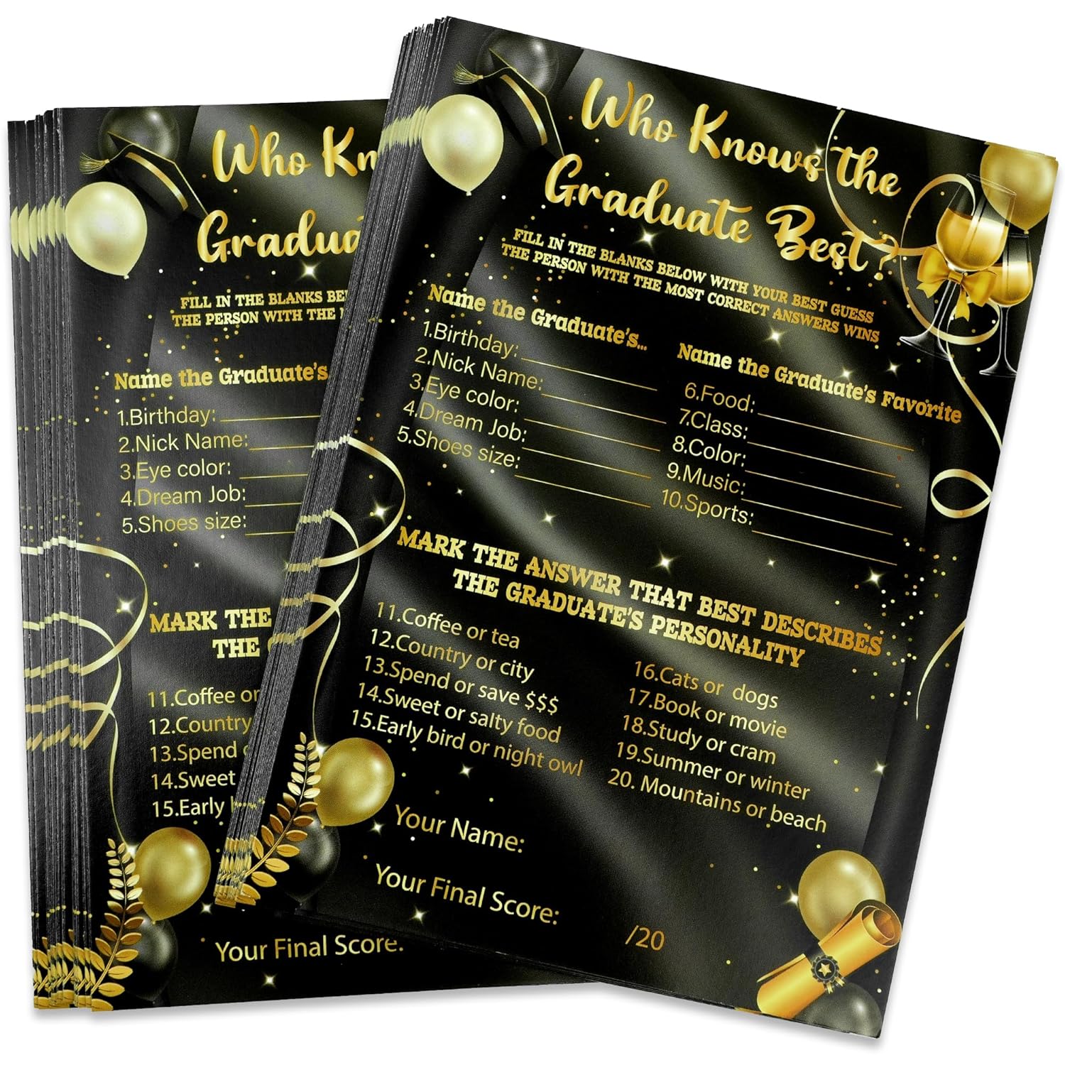 , Black And Gold Who Knows The Graduates Best - Pack Of 36 | Graduation Games For Parties 2025 | Graduation Game Cards, College Party Activities | Grad Party Supplies | Graduation Party Favors