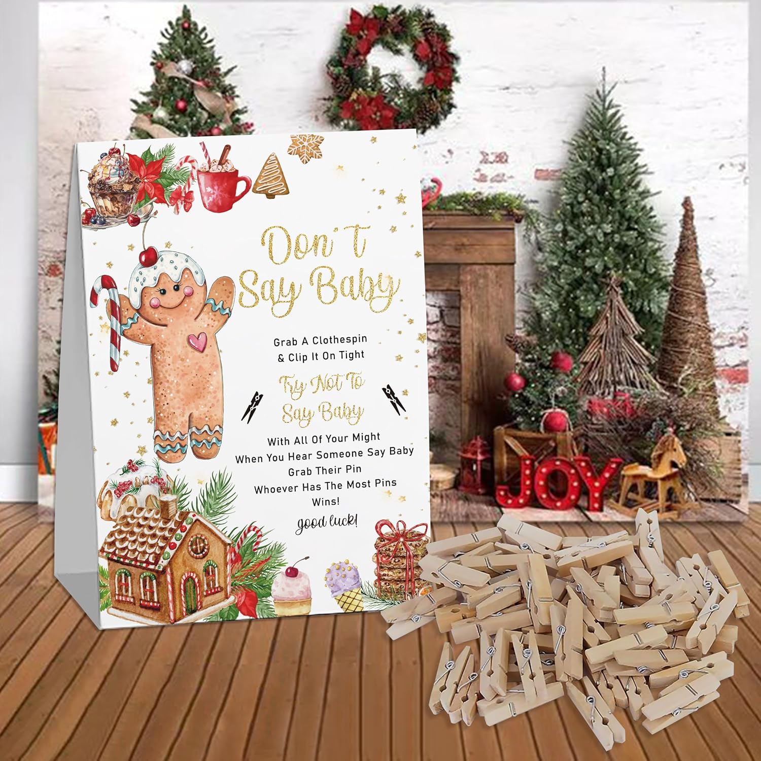 Christmas Don'T Say Baby Game, Don'T Say Baby Game For Baby Shower (50 Mini Clothespins With One Sign), Christmas Theme Baby Shower Decorations, Gender Reveal Game-Sddsbb05