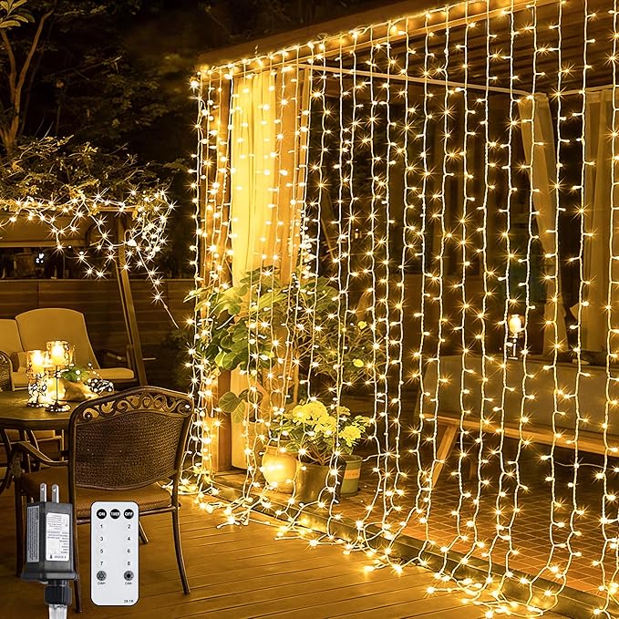 300 LED Curtain Lights Plug In Warm White Fairy String Lights with Remote for Bedroom Wedding Party Backdrop Decor