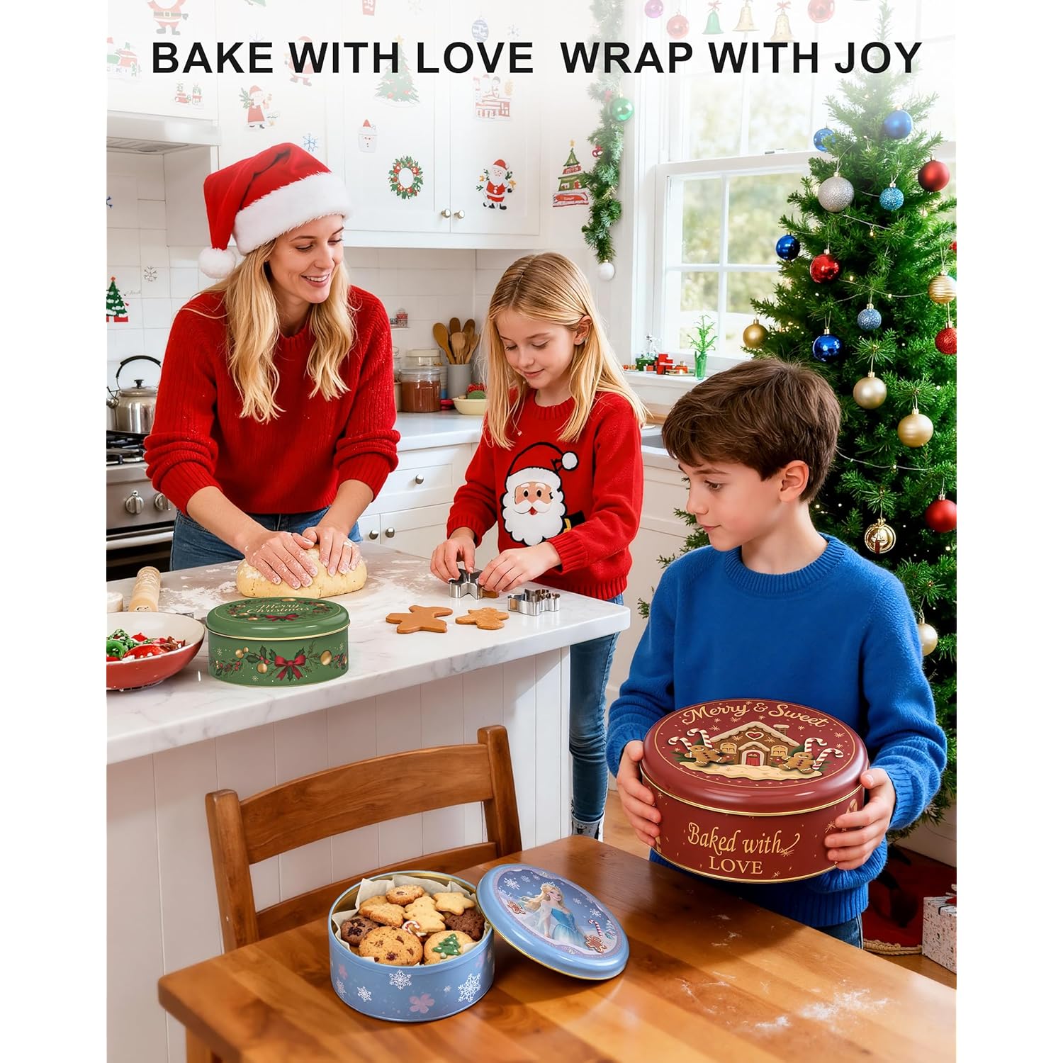 Christmas Cookie Tins With Lids, Set Of 3 Larger Holiday Containers For Homemade Cookies, Gifts, Treats, Reusable Round Metal Storage Boxes With 3 Premium Greeting Cards & 16.5Ft Ribbon