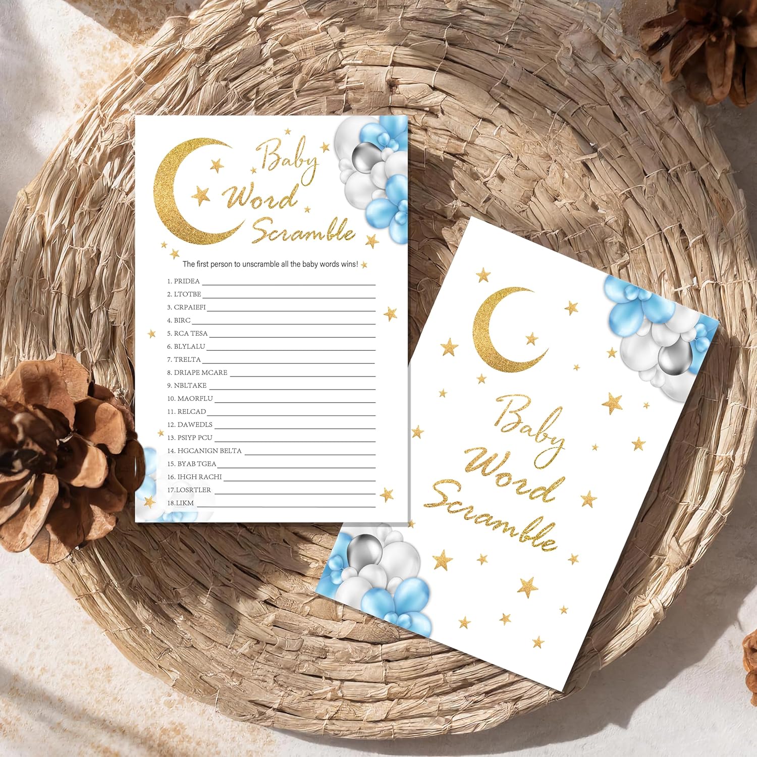 Baby Word Scramble Game Cards, Moon And Stars Baby Shower Games, 25 Cards & 1 Answer Key