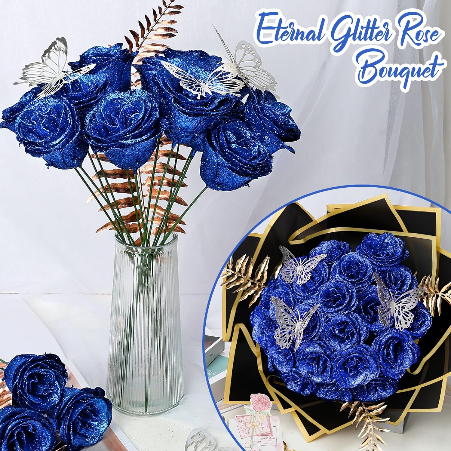 Glitter Roses - Royal Blue Glitter Rose Bouquet Shiny Everlasting Artificial Flowers For Diy Crafts Gifts Birthday Graduation Engagement Valentines Anniversary, 24 Roses