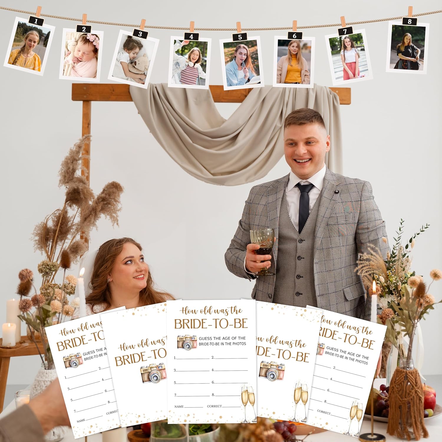 Bridal Shower Games, Party Decorations Favors For Bridal Shower Bachelorette Engagement Party, Wedding Reception Games, Gold Champagne How Old Was The Bride-To-Be Cards For 30 Guests -02