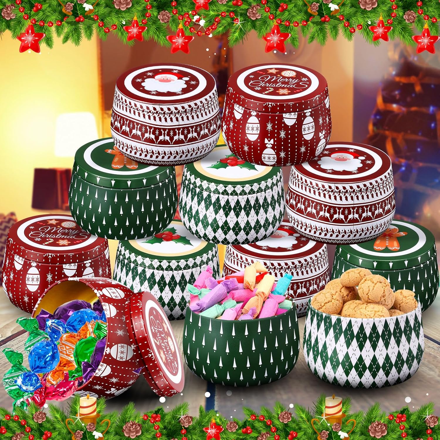 48 Pcs Christmas Candle Tins Cookie Metal Candles Tin Gifts Jars With Lids 8 Oz Candy Tinplate Retro Tins Round Containers For Candle Holiday Gift Giving Treat Biscuits Party Favors