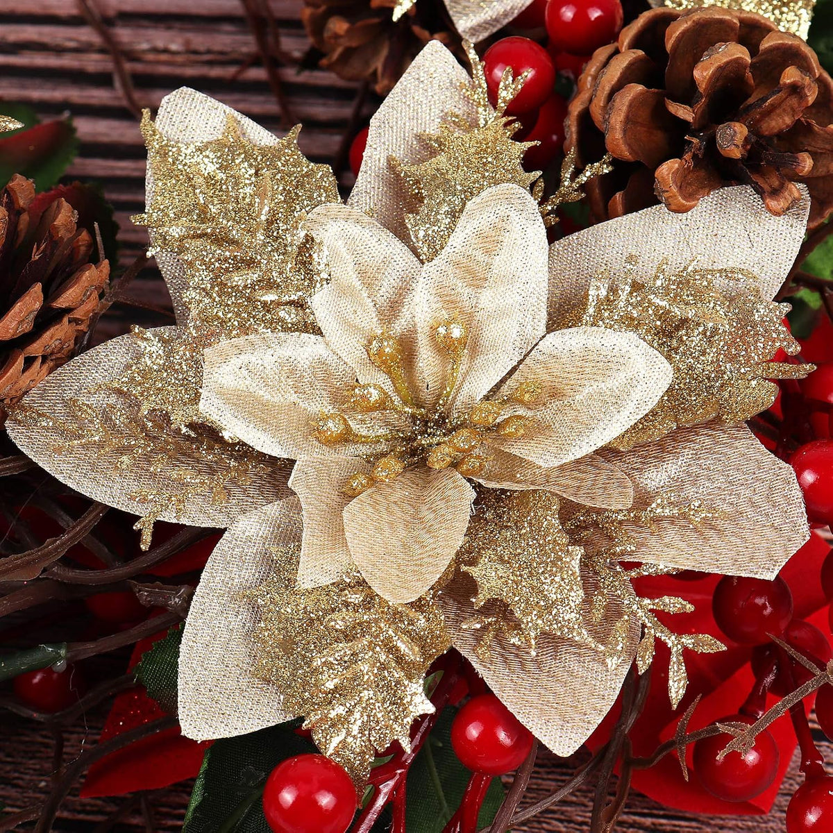 10 Pcs Christmas Glitter Artificial Poinsettia Flowers 6 Inch Christmas Wreath Christmas Tree Flowers Ornaments Holiday Seasonal Decorations For Xmas New Year Wedding Party (Gold)