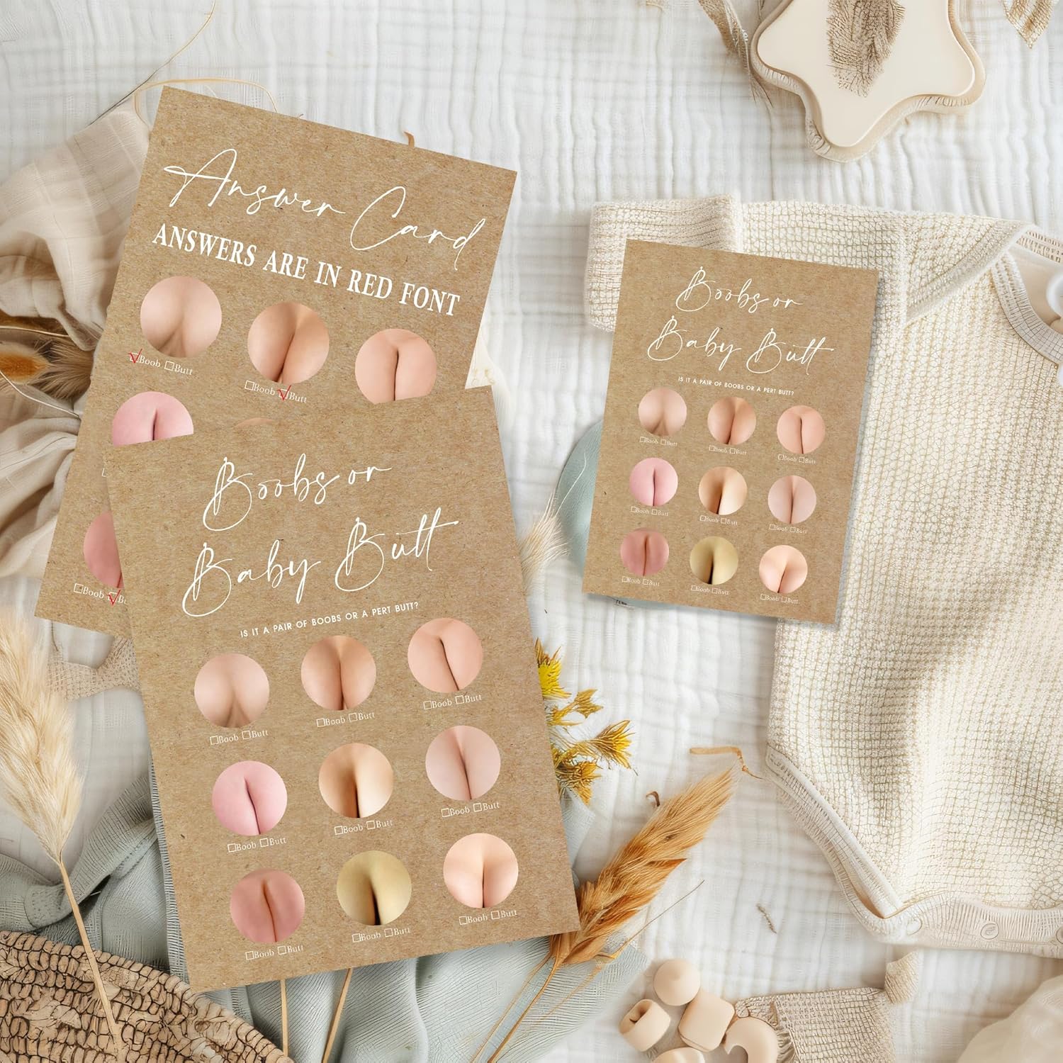 Kraft Paper Baby Shower Game, 30 Minimalism Boobs Or Baby Butt Game Cards With 1 Answer Card, For Baby Boy Or Girl, Gender Reveal, Baby Shower Game Activity, Party Favors And Decorations-19