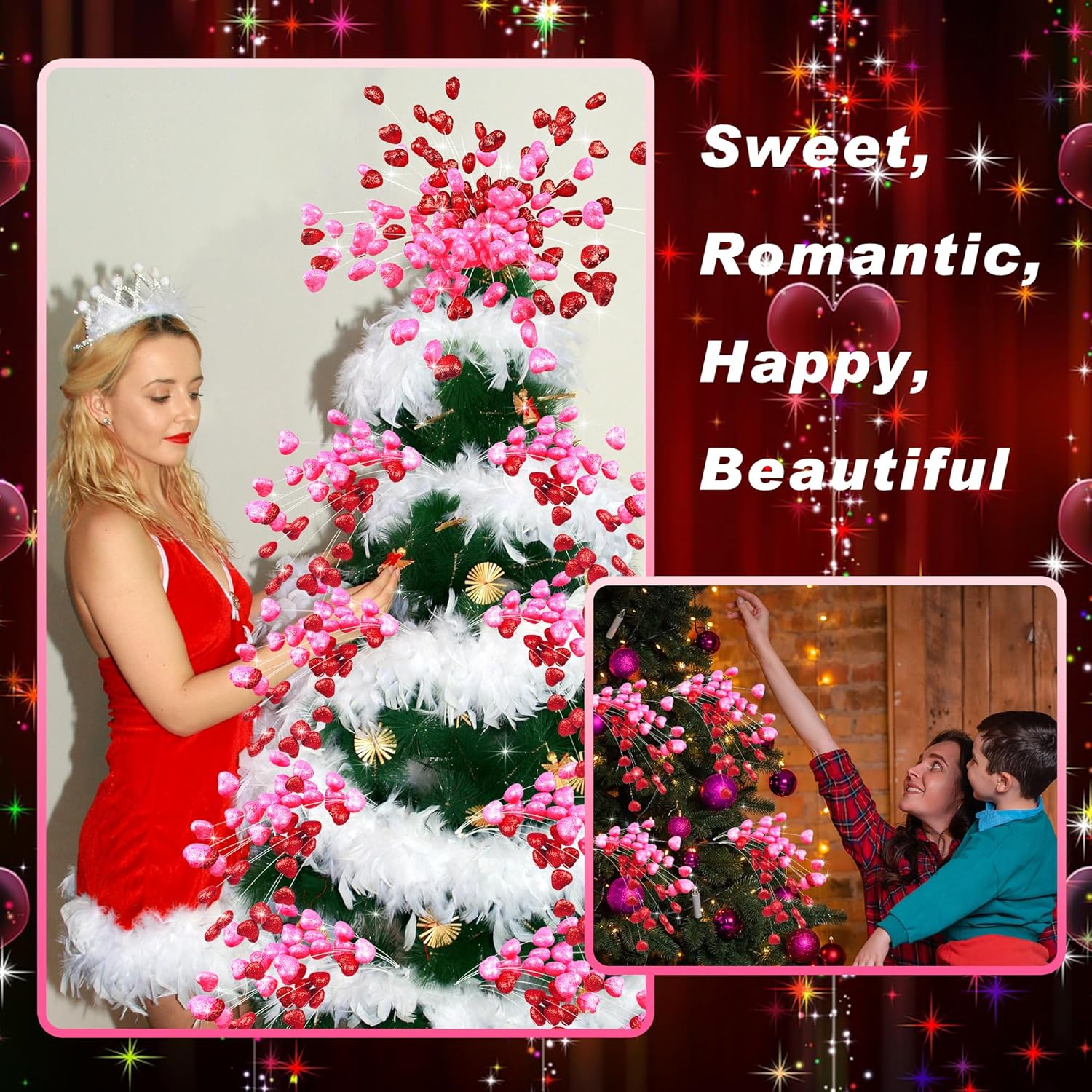 8 Pieces Heart Berry Spray Branches Valentine'S Day Artificial Heart Picks Stem Flower Branches For Valentine'S Day Home Decoration (Red & Pink)