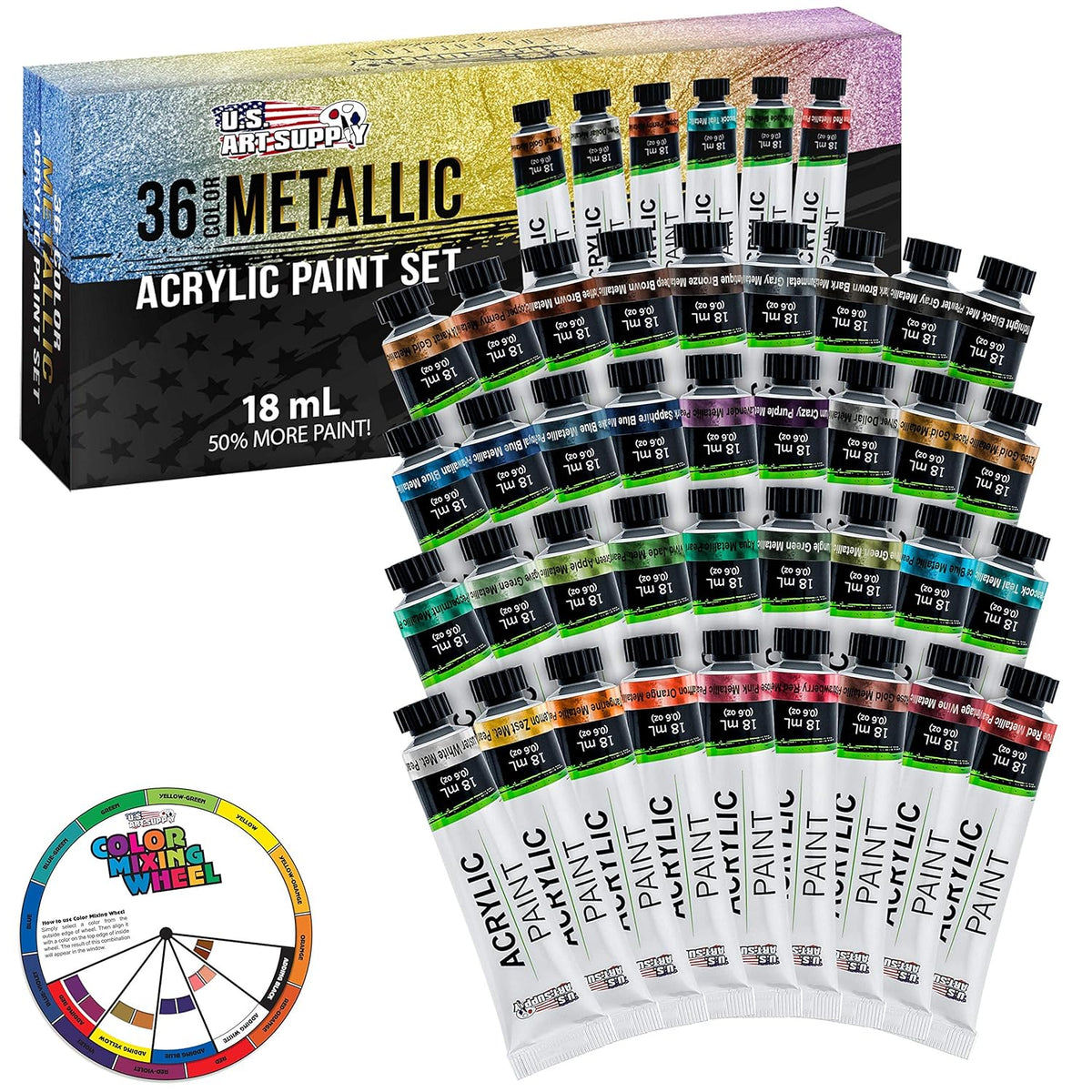 36-Color Metallic Acrylic Paint Set - 18Ml Tubes - Acrylic Paint For Canvas Painting, Wood Crafts & Rock Painting - Color Mixing Wheel