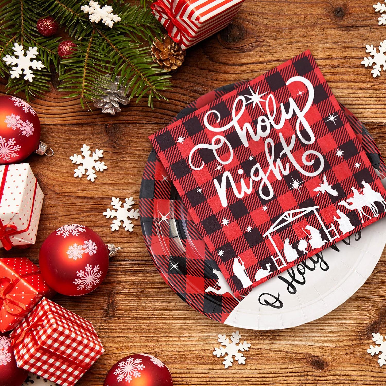 100Pcs Christmas Tableware Set Jesus Holy Night Disposable Paper Plates Napkins Cups Xmas Religious Red Black Buffalo Plaid Dinnerware Set Serves Guests For Christmas Baptism Party Supplies