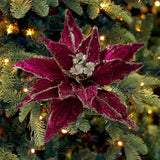 6 Pcs Christmas Flowers Artificial, 11 Inch Red Velvet Poinsettia Flowers With Glitter For Tree Decorations, Wreaths, Festive Home And Party Decor (Burgundy)