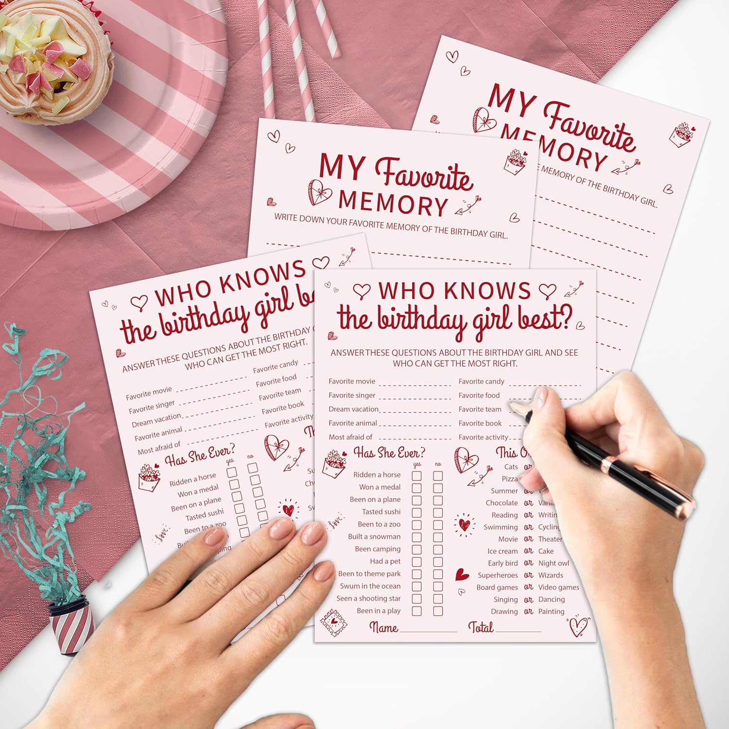 Pink Heart Birthday Party Games Cards-Who Knows The Birthday Girl Best & My Favorite Memory Activity Themed - 20Pcs 3-In-1 Game Cards- 6"X8" Party Decorations & Supplies For Girls-A06