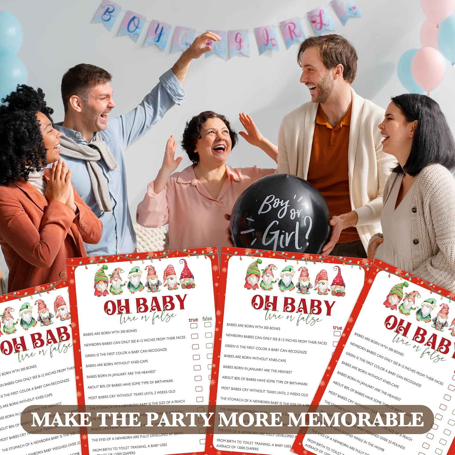 Christmas Baby Shower Games - Winter Festival Themed Gender Reveal Party Cards With Santa Gnomes Design, Holiday Party Supplies
