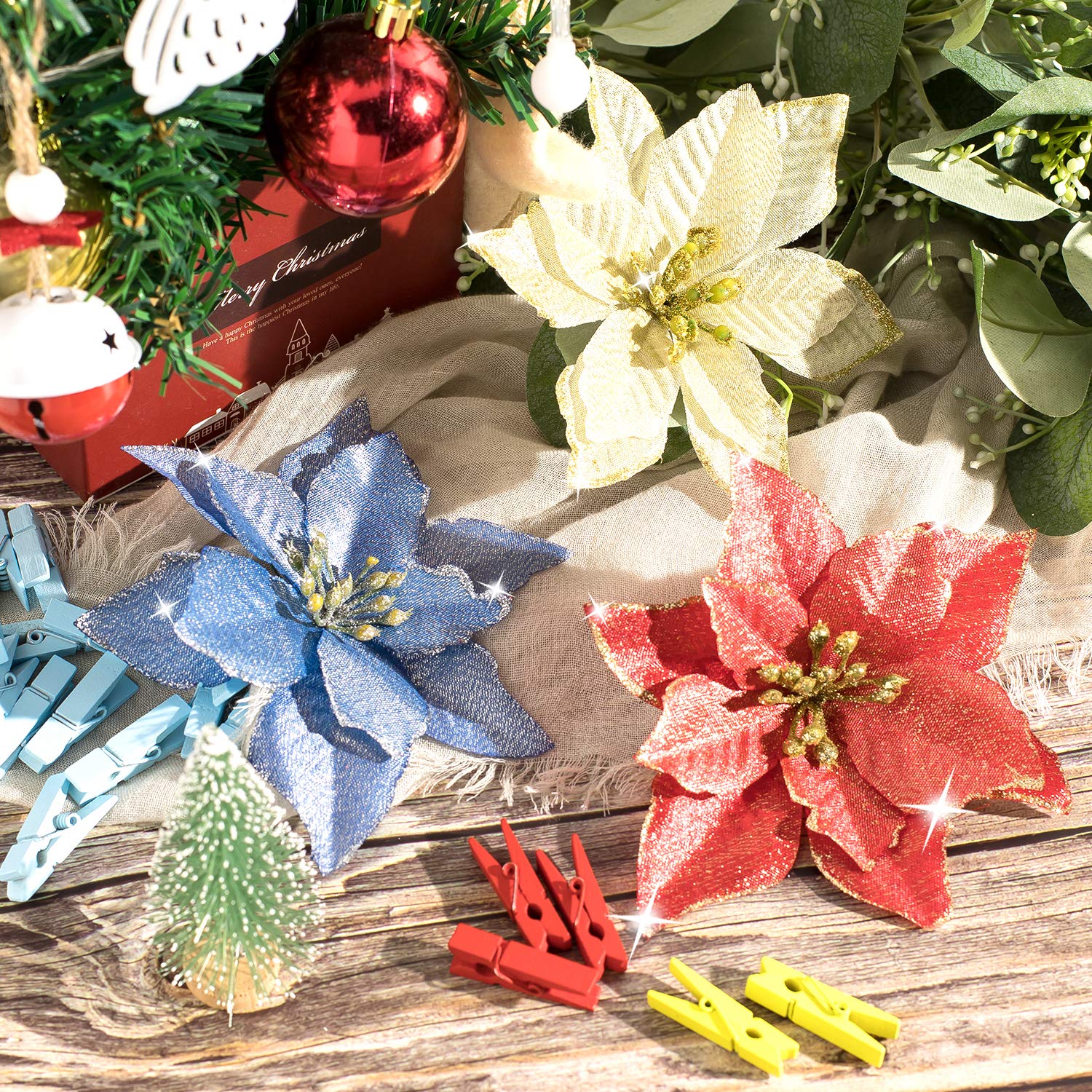 24 Pcs Blue Poinsettia Artificial Christmas Flowers With 24 Pack Clips, Glitter Christmas Tree Ornaments Xmas Wedding Party Decor (13 X 13 Cm)