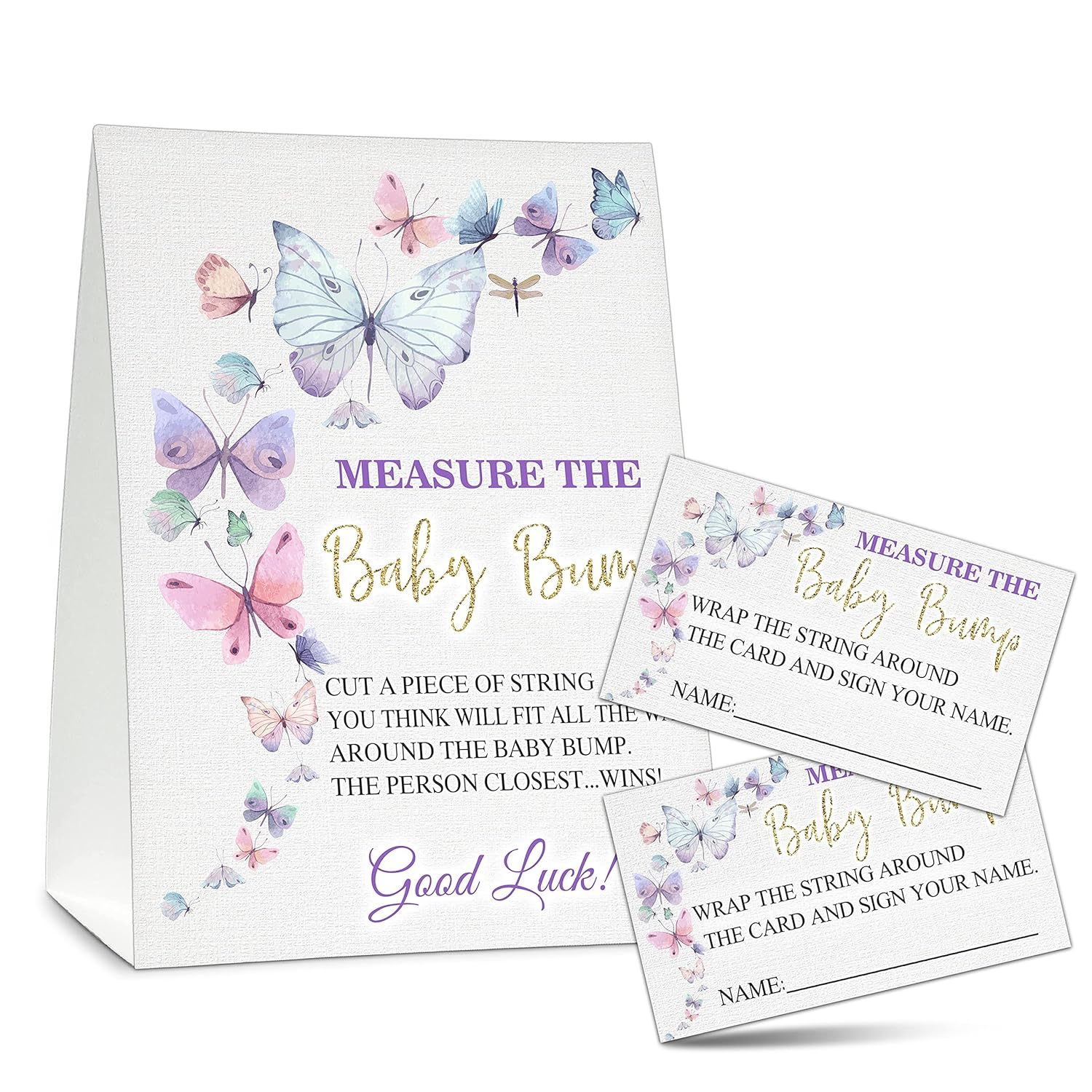 Measure The Baby Bump Baby Shower Game Set, 1 Standing Sign With 50 Guessing Cards, Butterfly Kisses Gender Reveal Party Decorations Supplies - B48