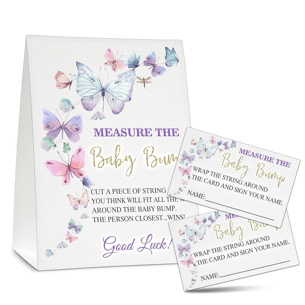 Measure The Baby Bump Baby Shower Game Set, 1 Standing Sign With 50 Guessing Cards, Butterfly Kisses Gender Reveal Party Decorations Supplies - B48