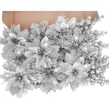 Christmas Flowers Artificial Glitter 24Pcs Poinsettia Flowers Berries Christmas Decoration Xmas Tree Ornaments Wreath Garland Decoration, Silvery