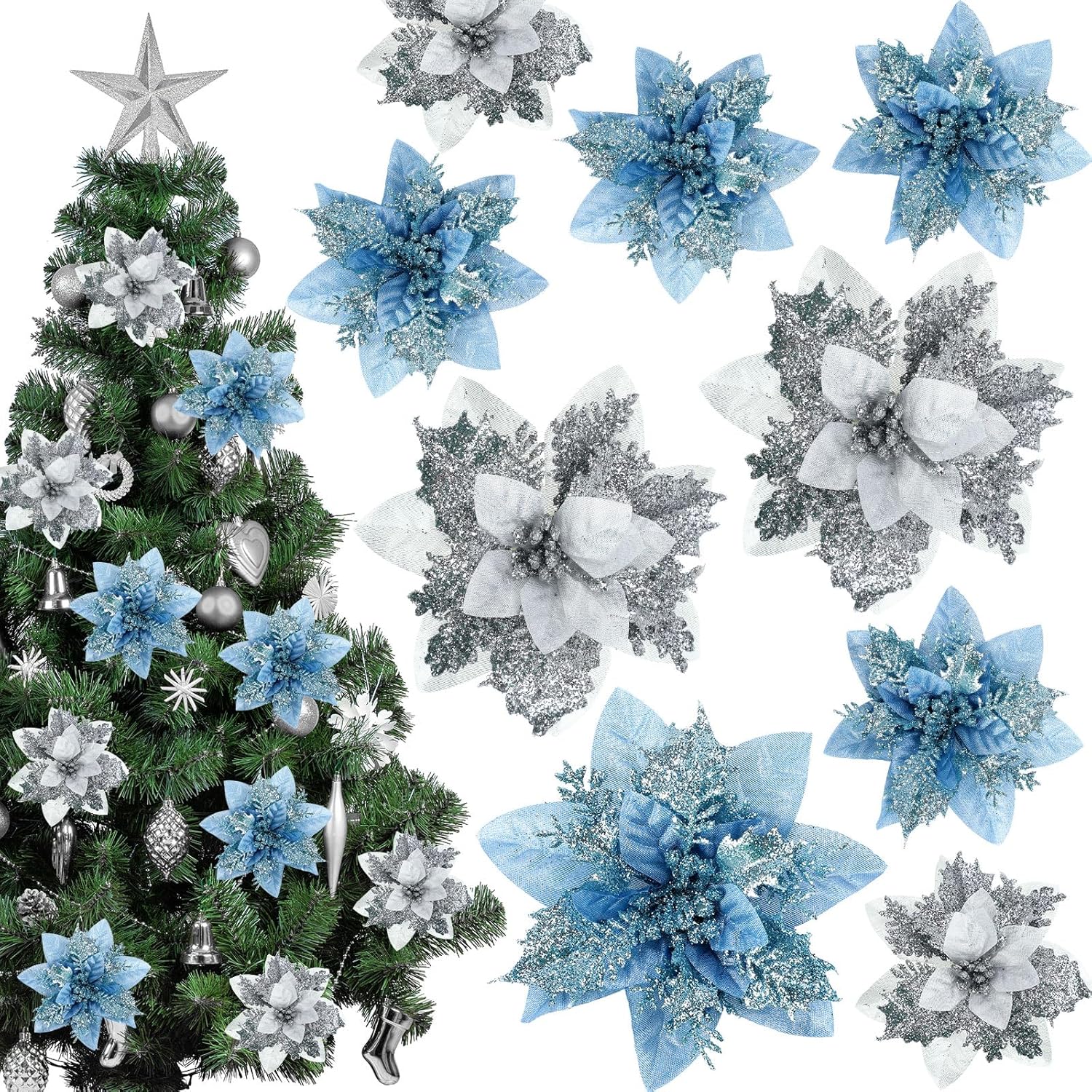 30 Pcs Poinsettia Christmas Artificial Glitter Flower Xmas Flower Poinsettia For Xmas Christmas Tree Craft Decor(Light Blue, Silver)